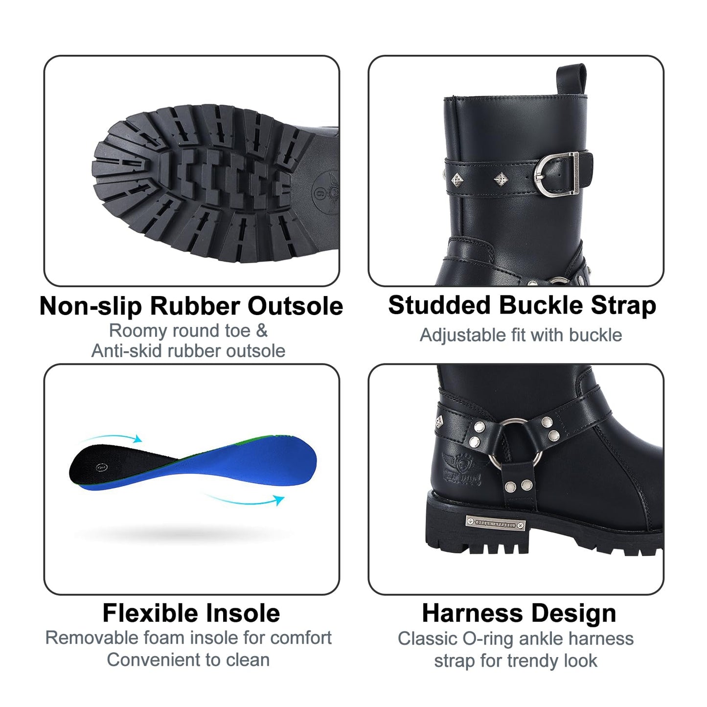 Dream Apparel Women PU Leather Harness Motorcycle Boots for Riding Waterproof Studded Biker Boots with Side Zipper & Buckle, Black Engineer Combat Mid-Calf Footwear