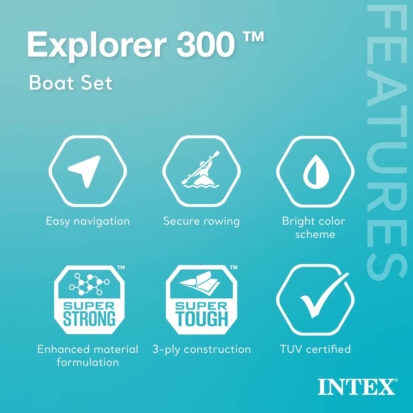 INTEX Explorer Inflatable Boat Series: Dual Air Chambers – Welded Oar Locks – Grab Handles – Bow Rope – Sporty Design