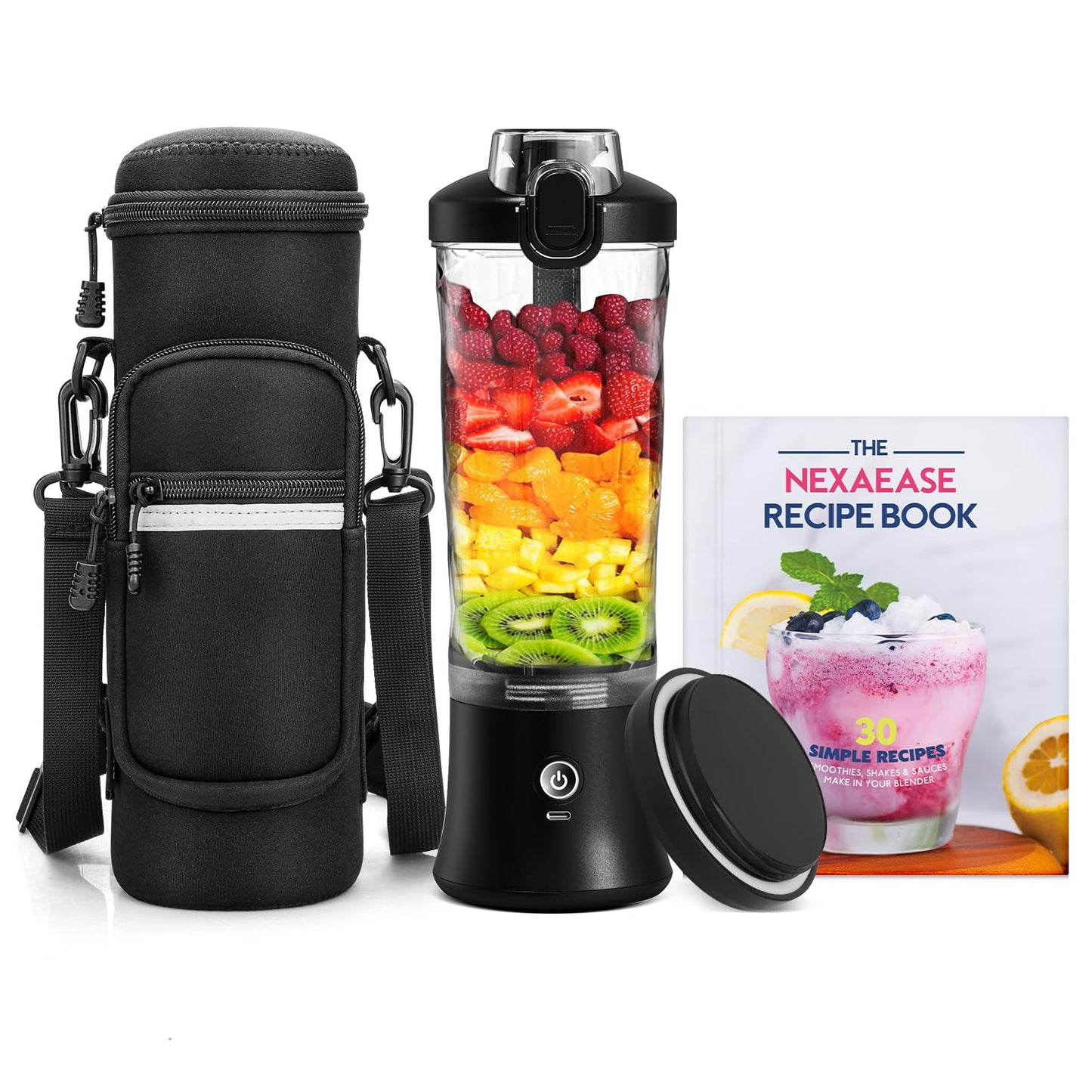 Portable Blender with Insulated Carrying Case & Recipe Book for Shakes and Smoothies, 24 OZ Personal Juicer Electric Protein Shaker Bottle, Mini Small Blender Cup with USB-C Rechargeable, Travel Lid