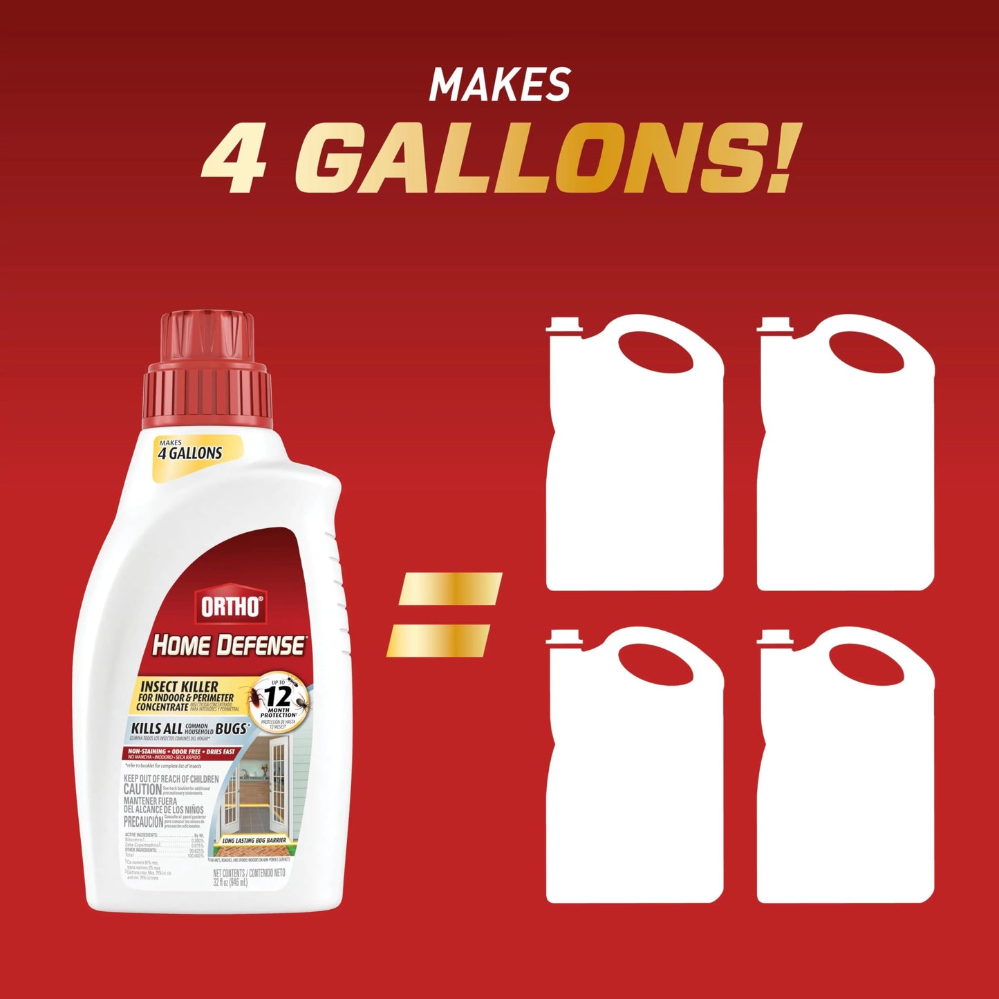 Ortho Home Defense Insect Killer for Indoor & Perimeter2 - With Comfort Wand, Long-Lasting Control, Kills Ants, Cockroaches, Spiders, Fleas & Ticks, Non-Staining, Odor Free, 1.1 gal., 2-Pack
