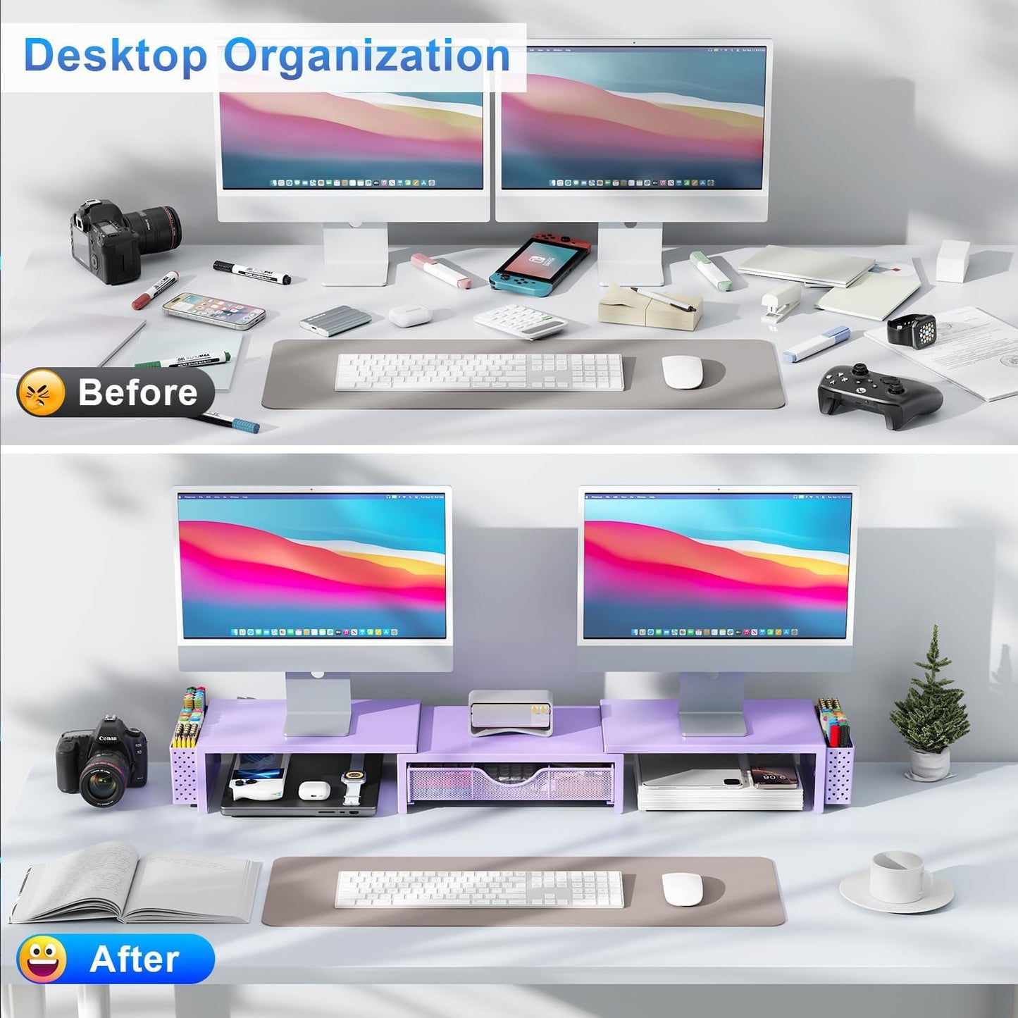 gianotter Dual Monitor Stand Riser, Desk Organizer With Drawer and 2 Pen Holders, Desk Organizers and Accessories, Purple Office Decor (Purple)