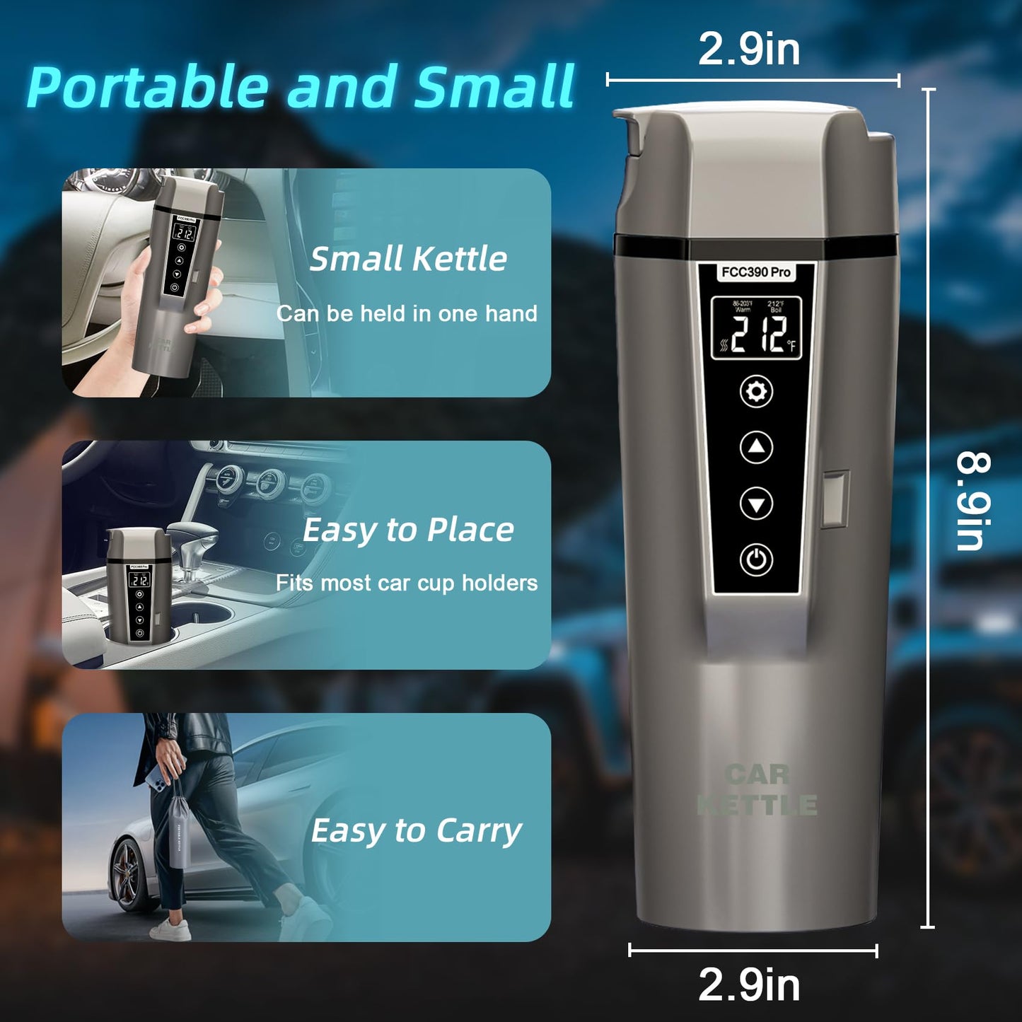 Car Electric Kettle: 12V/24V Portable Water Boiler Heated Travel Mug,Multiple Temperature Adjustable Coffee Tea Truck Cup with 304 Stainless Steel Dry Burn Protection & Handy Cup Bag