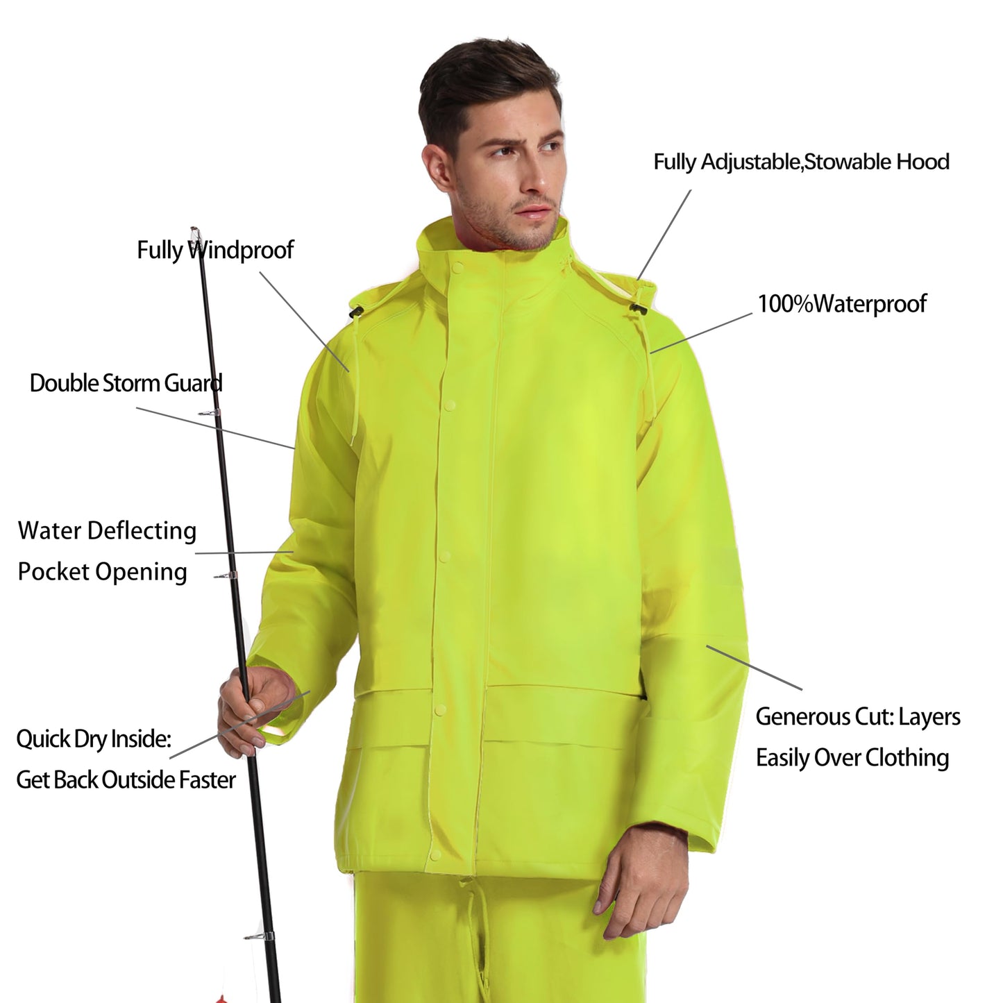 Men's Workwear PRO Rain Suit - Waterproof Jacket and Bib Pants 3-piece Set for Ultimate Safety and Comfort