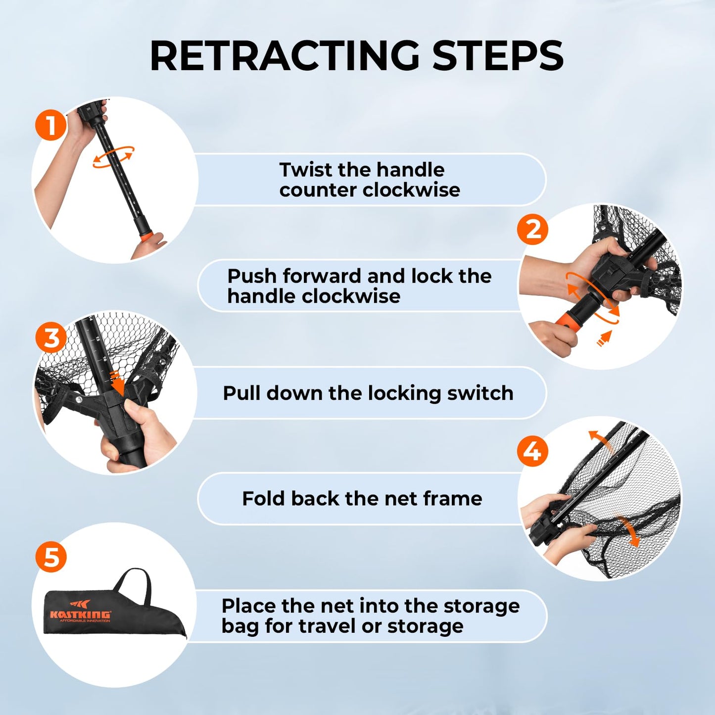 KastKing Brutus Folding Landing Net with Boat Hook, Foldable, Extendable, Lightweight & Strong, Multi-Functional Built-in Boat Hook, Non-Slip & Bright Orange TPR Handle, Two Nets Options