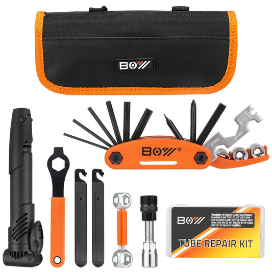 Bicycle Repair Bag With Tire Pump, Portable Tool Kit for Camping Travel - Bike Glueless Patches, Maintenance Essentials All in One Safety Kit