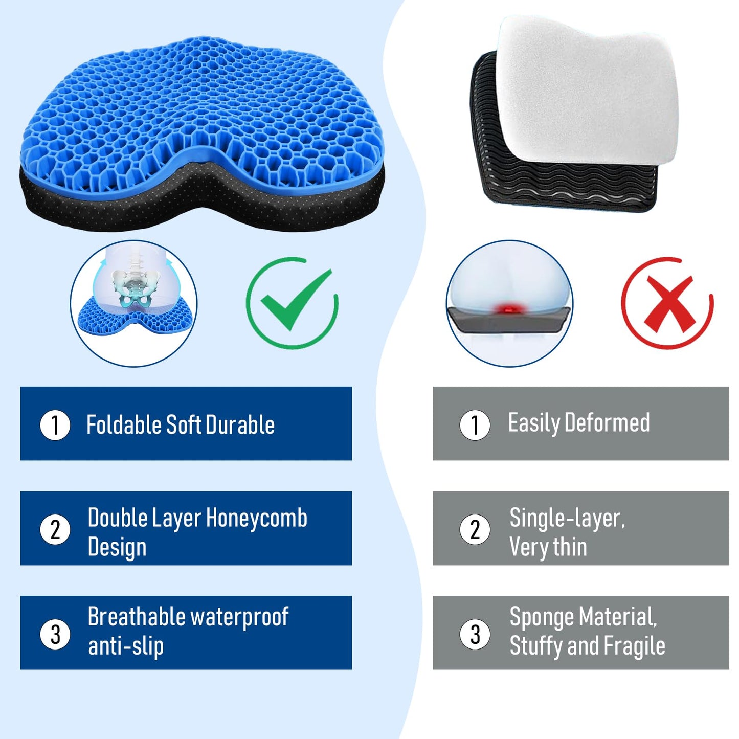 Kayak Seat Cushion, Thicken Anti Slip Waterproof Gel Kayak Seat, Portable Canoe Rowing Rubber Dinghy Pad for Stadium Sit in Kayak Inflatable Fishing Kayak Canoe Kayak Accessories