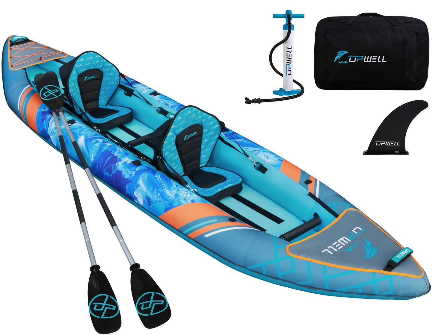 UPWELL 13'6”/11' Inflatable Recreational Kayak - 2 Person with Drop Stitch Floor and Accessories Including Kayak Seats with High Back Support, Paddle, Fin, Repair Kits, Carry Bag and Hand Pump