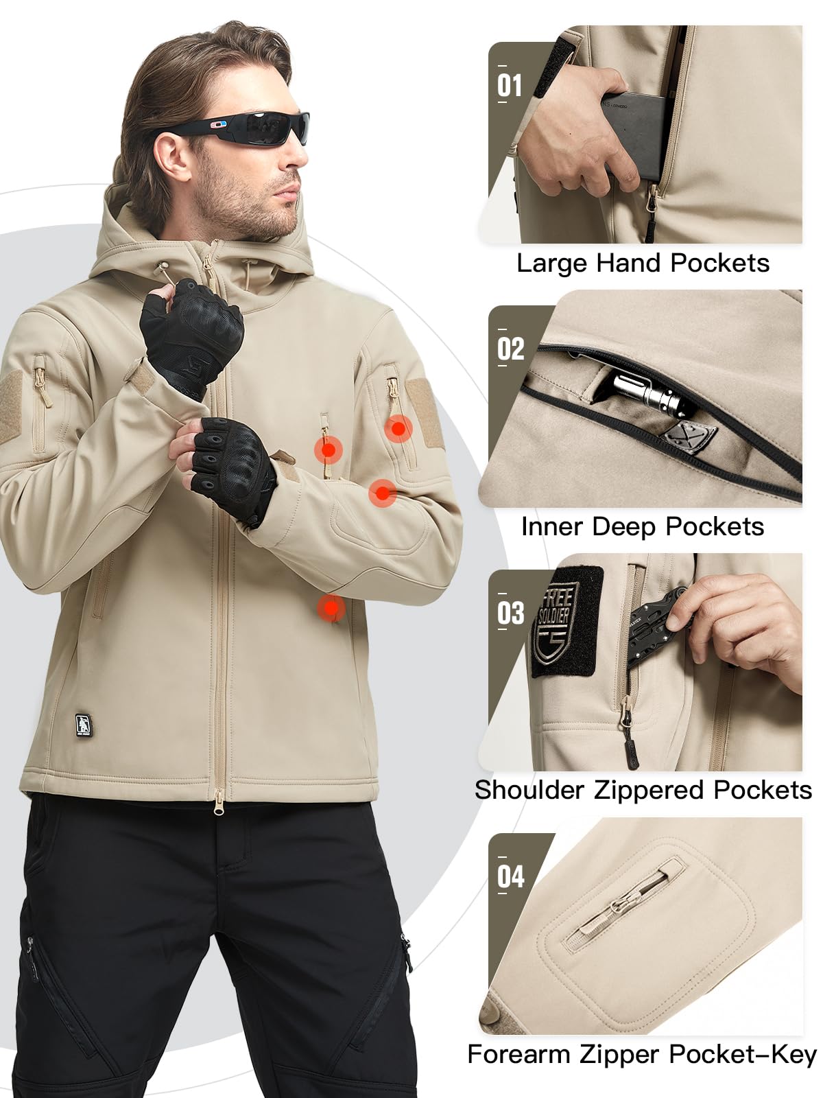 FREE SOLDIER Men's Outdoor Waterproof Soft Shell Hooded Military Tactical Jacket