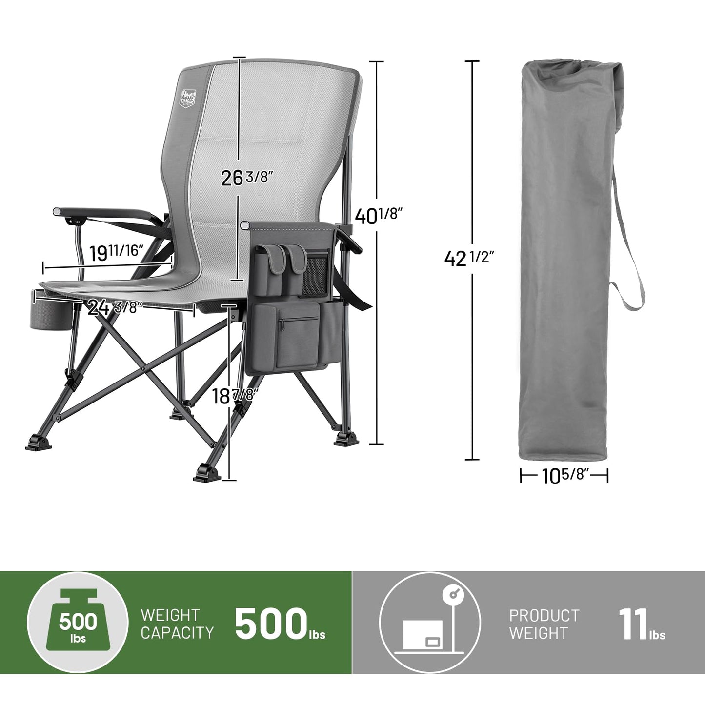 TIMBER RIDGE Oversized Folding Camping Chair High Back Heavy Duty for Adults Support up to 500lbs with Cup Holder, Side Pocket Cooler Bag