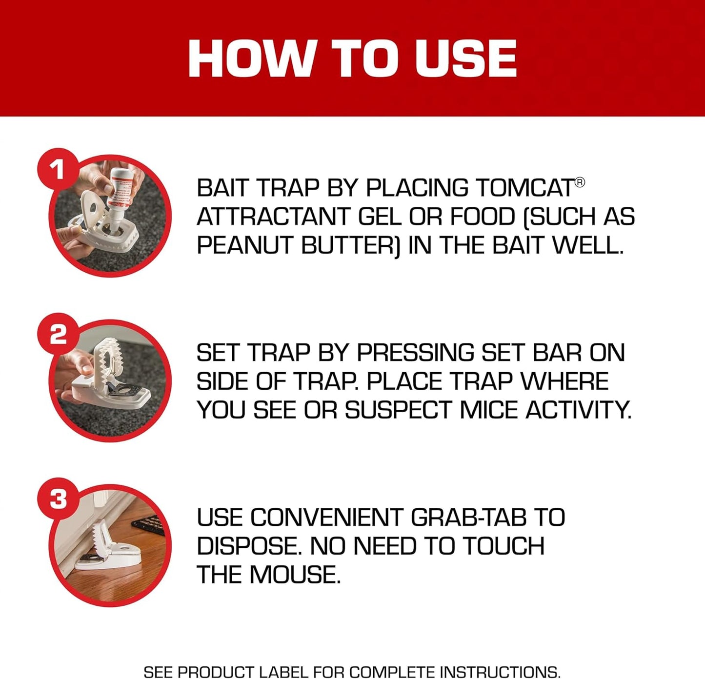 Tomcat Press 'N Set Mouse Trap for Indoor or Outdoor Use, Plastic Spring-Loaded Mouse Killer with Grab Tab, 2 Traps