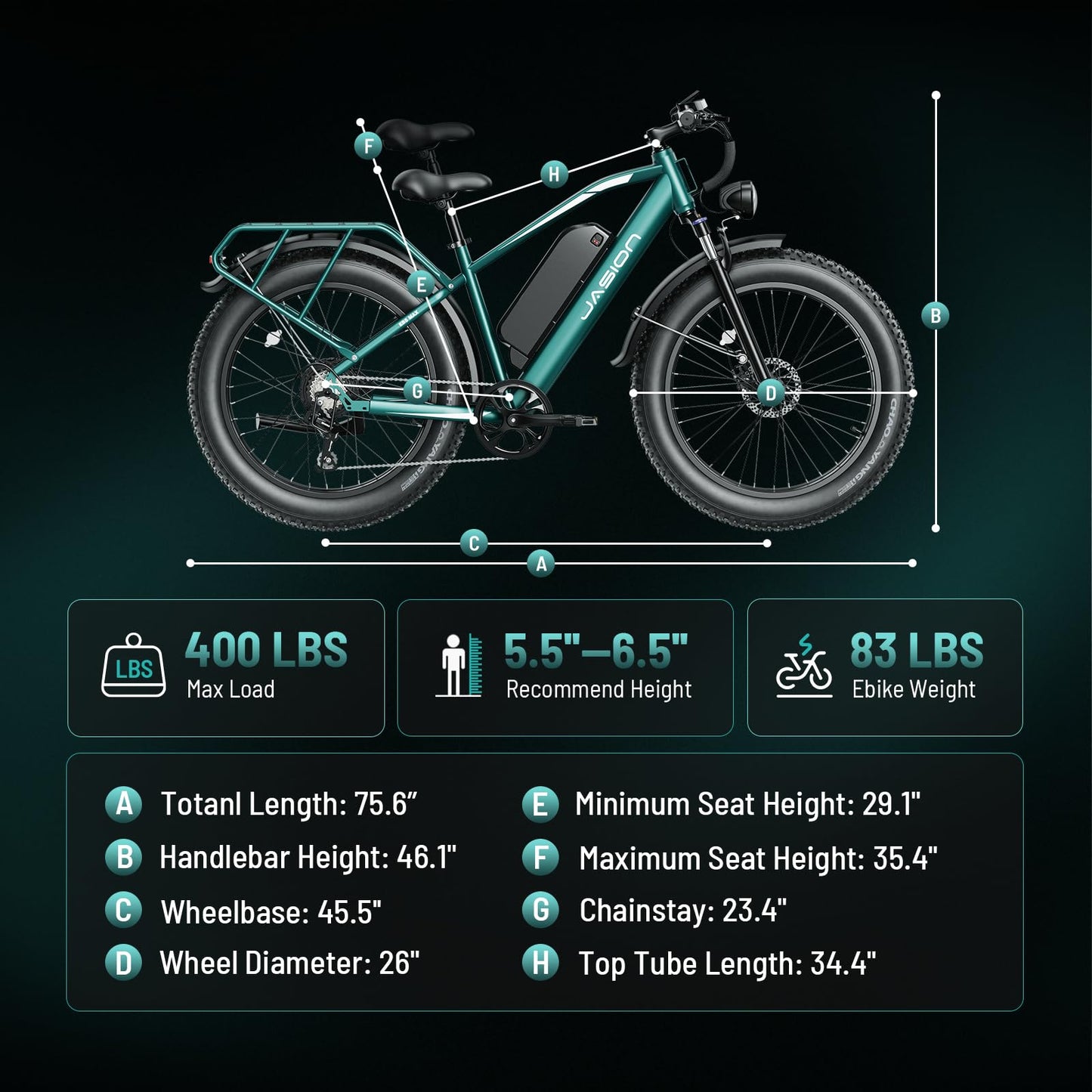 Jasion EB5 MAX Electric Bike for Adults with 1500W Peak Motor, 48V 15Ah (720Wh) Battery Electric Mountain Bike, 26'' x 4'' Fat Tire Ebike, 28+MPH Speed, Cruise Control, with Fenders, Rear Rack
