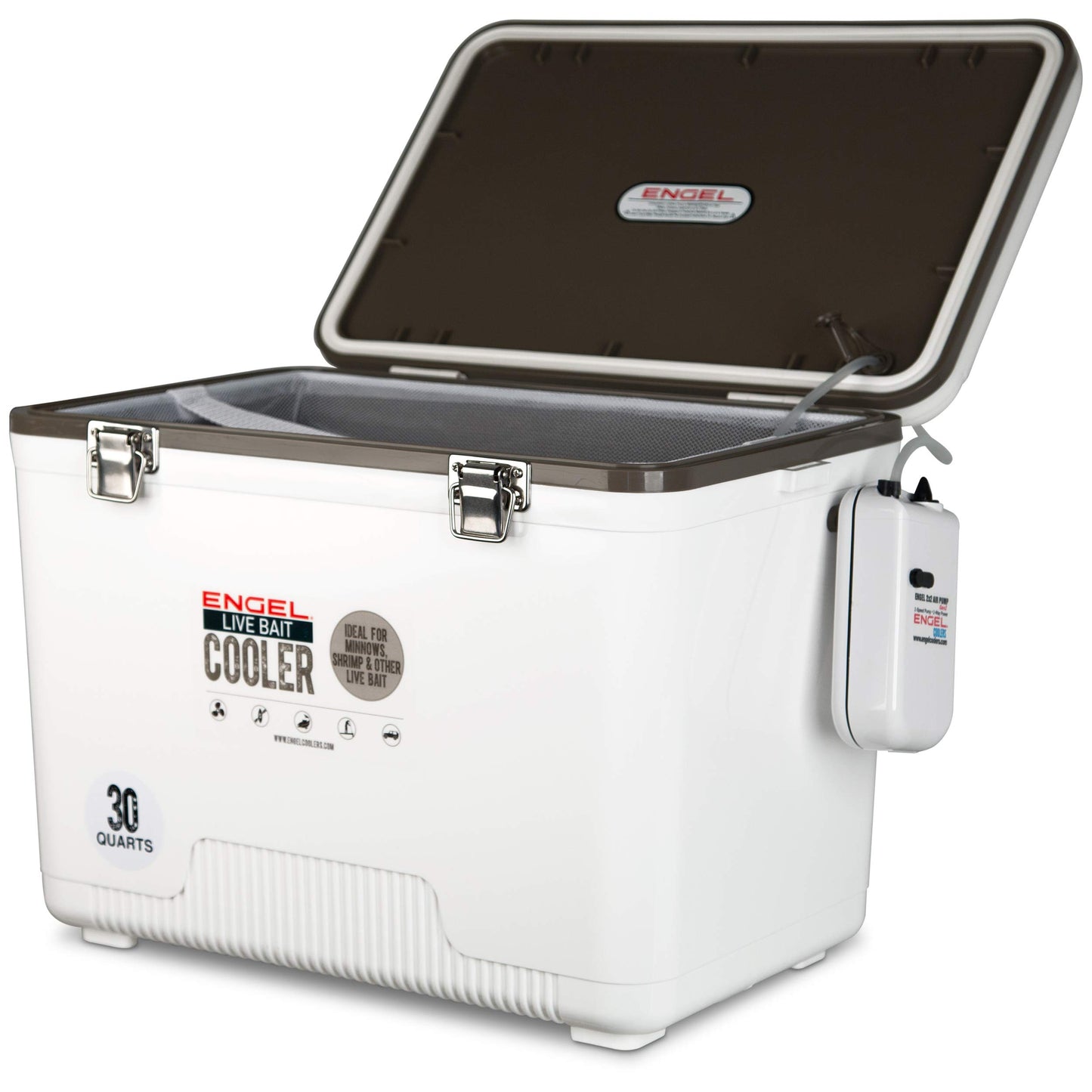 Engel Live Bait Cooler Box with 2nd Gen 2-Speed Aerator Pump - Portable Fishing Station & Minnow Bucket for Shrimp & Other Live Fish with Aerator - ENGLBC-N