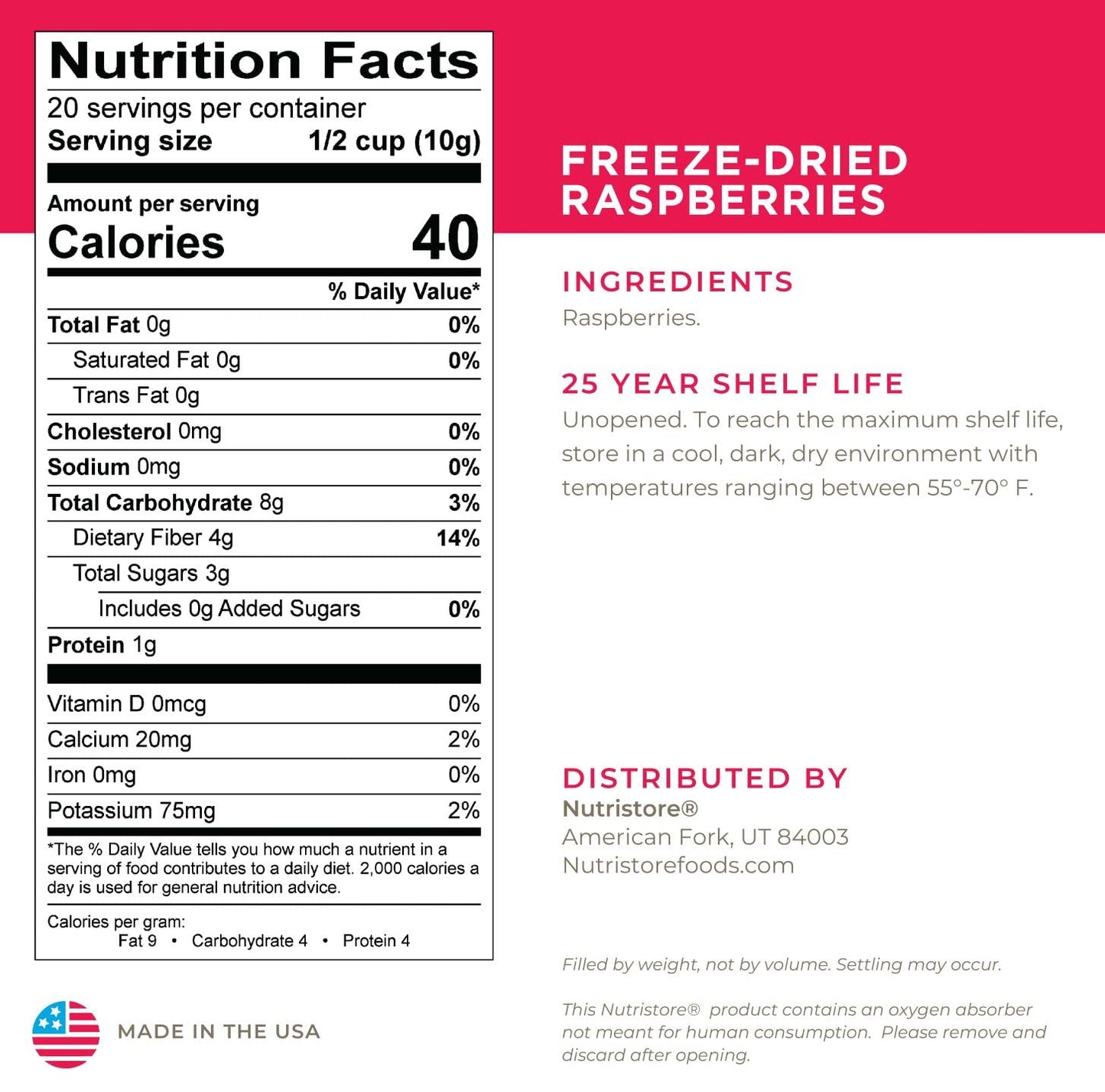 Nutristore Freeze Dried Raspberries | 100% Natural, Healthy Fruit Snacks Bulk | Premium Quality & Crispy Fresh Taste | Emergency Survival Food Supply | #10 Can | 20 Servings | 25 Year Shelf Life