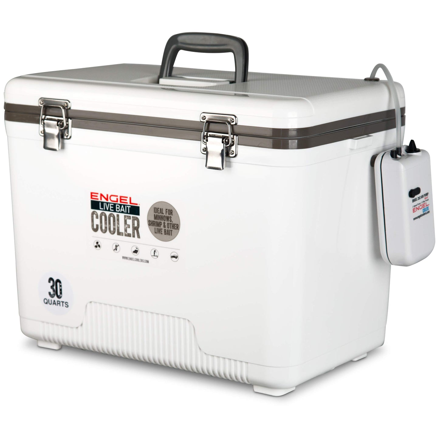 Engel Live Bait Cooler Box with 2nd Gen 2-Speed Aerator Pump - Portable Fishing Station & Minnow Bucket for Shrimp & Other Live Fish with Aerator - ENGLBC-N