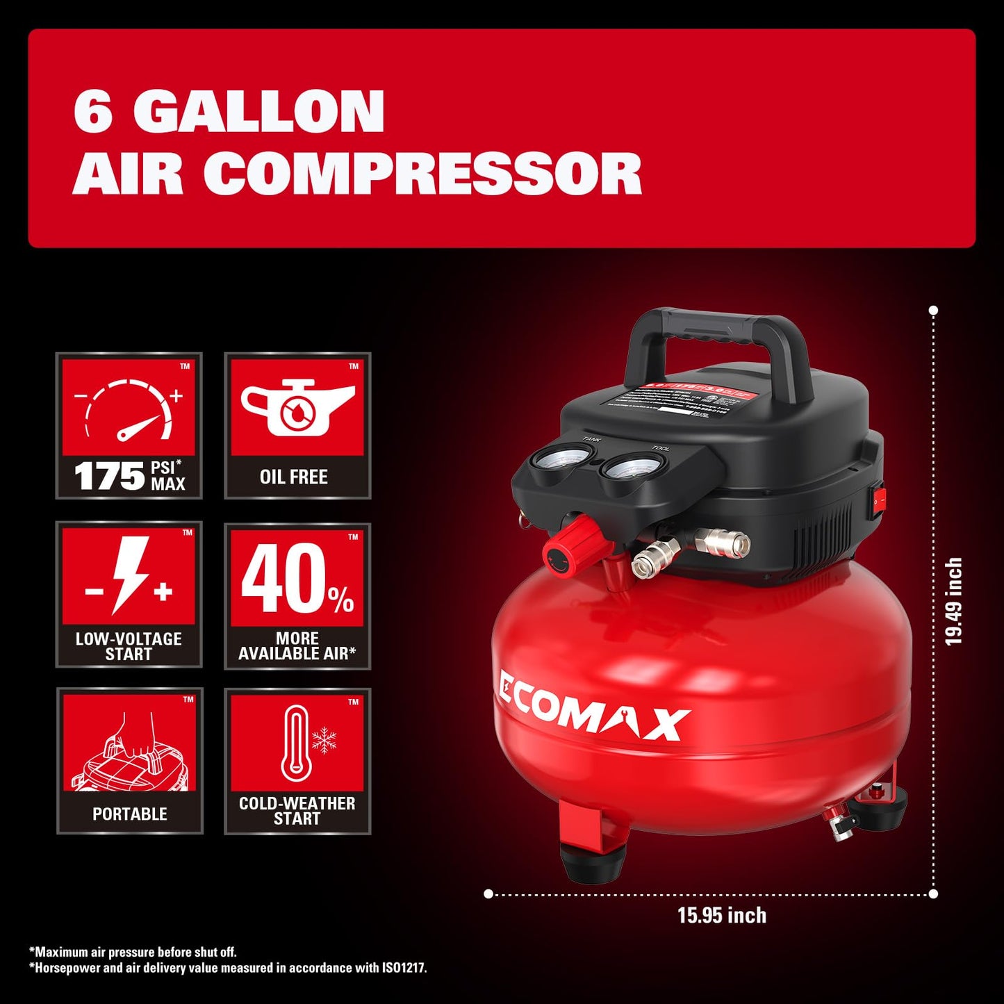 Air Compressor 6 Gallon 150 PSI Pancake Portable Oil-free Tank with 10 PCS Accessories Kit