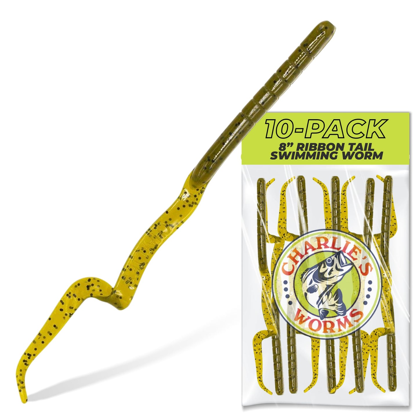 Charlie's Worms Artificial Fishing Bait 8" Ribbon Tail Swimming Worm, Freshwater Saltwater Bass Soft Lures Scented 10pk