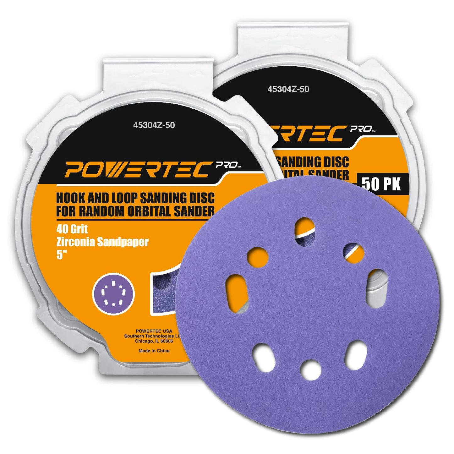 POWERTEC 50 PCS 220 Grit - 5 Inch 8 Hole Hook and Loop Sanding Discs, 5" Sanding Pads for Automotive, Drywall, Woodworking with Orbital Sander, Air, and DA Sander (44022G-50)