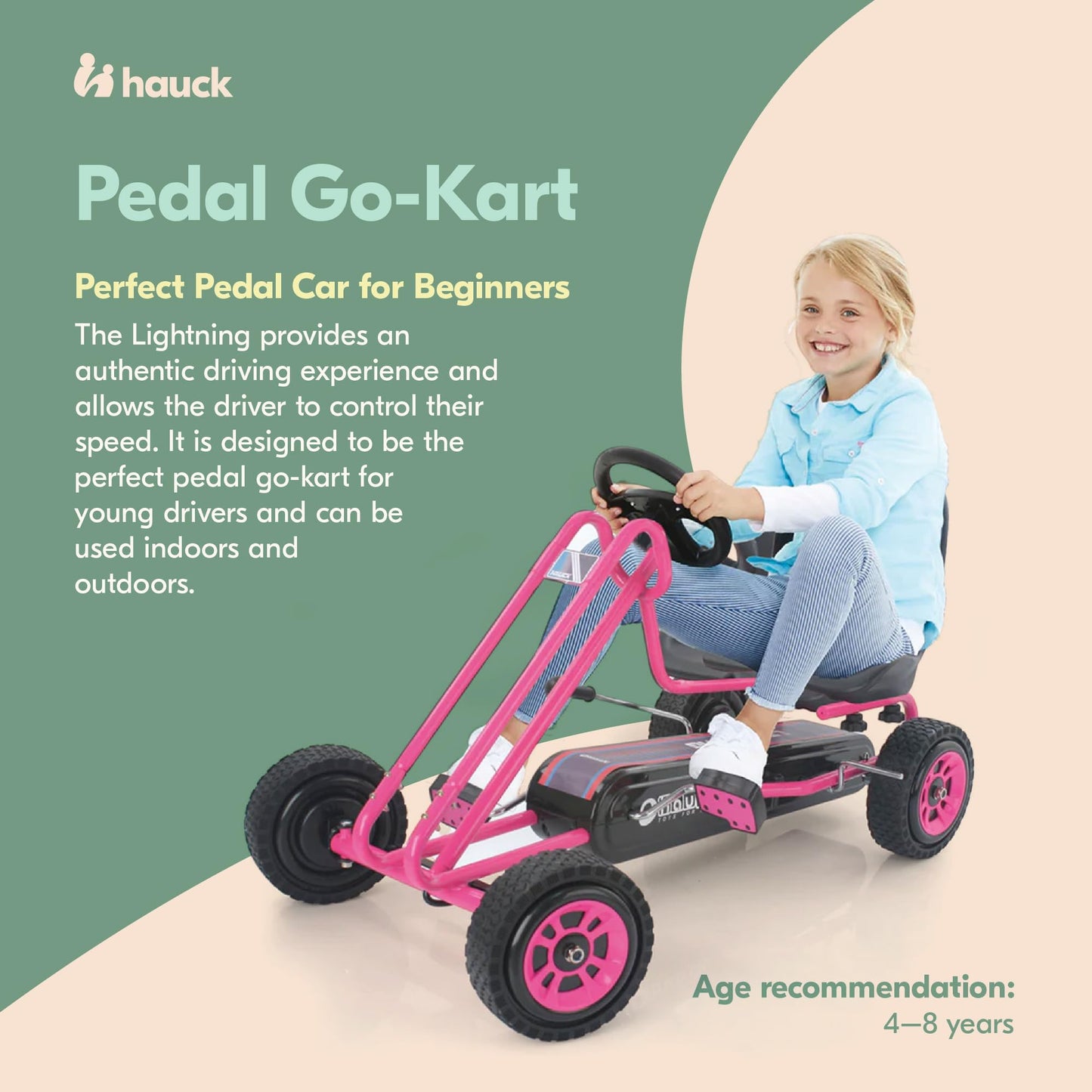 hauck Kids Pedal Go Kart, 4 Wheel Bike Cart, Ages 4-8, Lightning Ride, Race Green