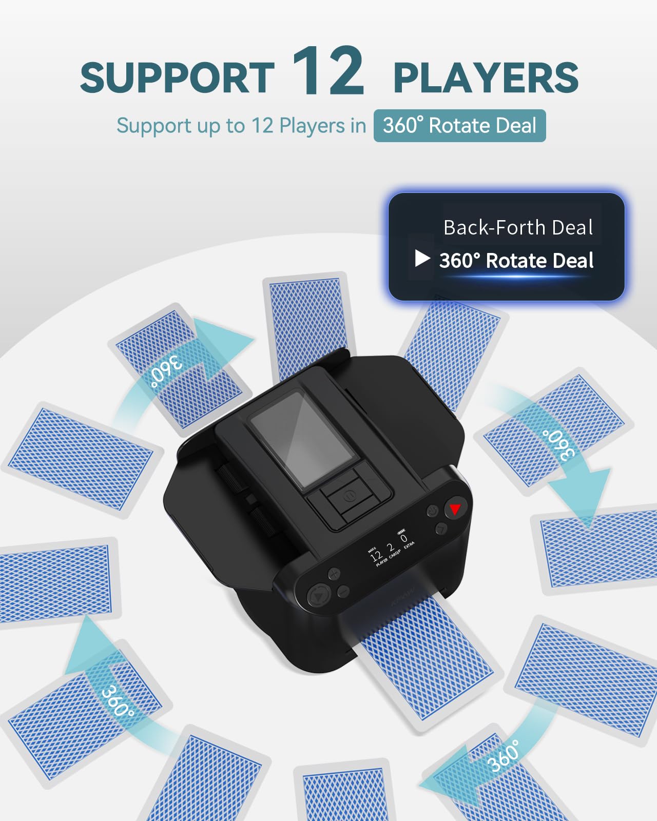 KPAW Automatic Card Shuffler and Dealer - 1-2 Decks Support 12 Players, 4 Drawing Remotes, Built-in Gameplays, 360°/180° Deal, for Poker, UNO, Phase 10, Skip-Bo, Rummy (Black)