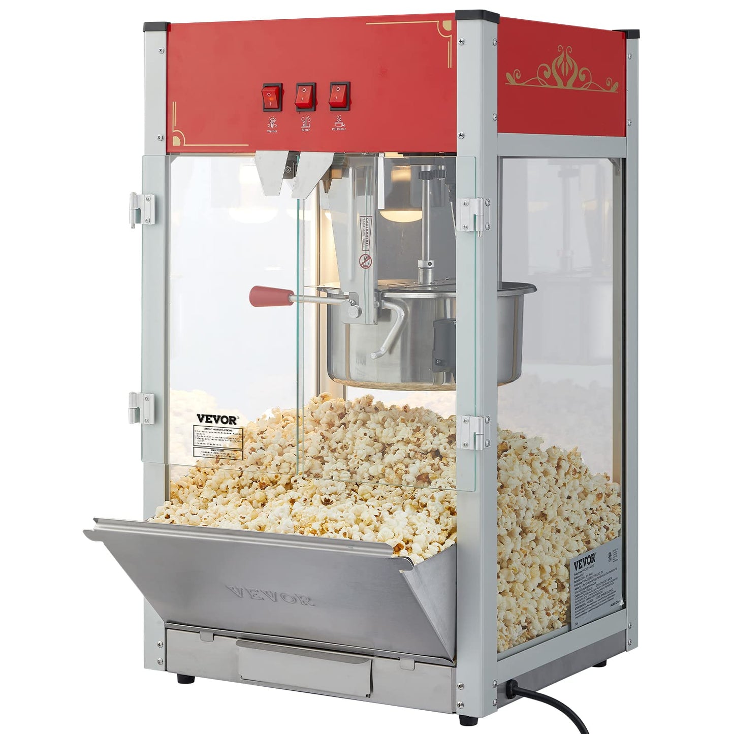 VEVOR Commercial Popcorn Machine, 8 Oz Kettle, 850 W Countertop Popcorn Maker for 48 Cups per Batch, Theater Style Popper with 3-Switch Control Steel Frame Tempered Glass Doors 2 Scoops 2 Spoons, Red