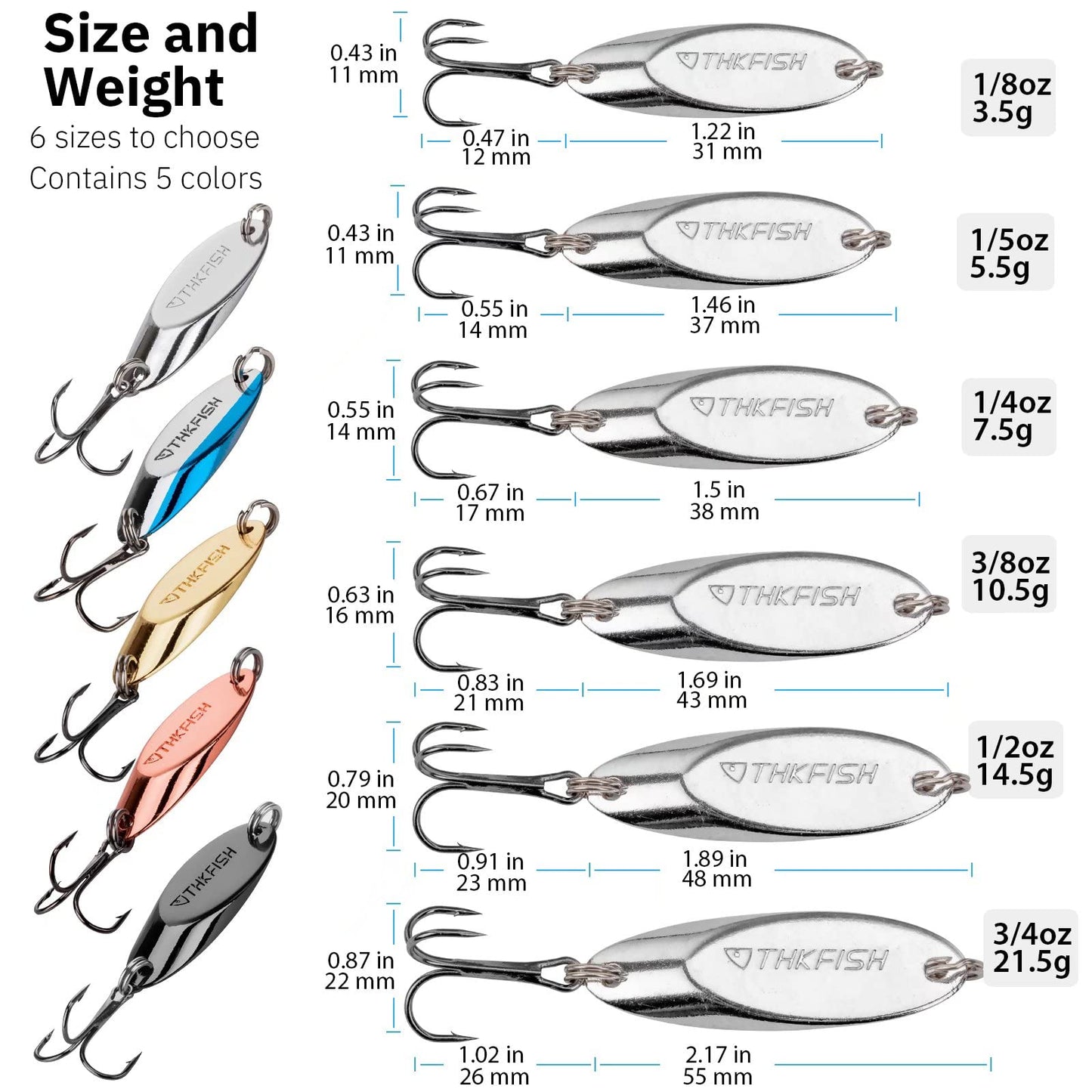 THKFISH Fishing Lures Trout Lures Fishing Spoons Lures for Trout Pike Bass Crappie Walleye 1/8oz 1/5oz 1/4oz 3/8oz 1/2oz 3/4oz 5pcs