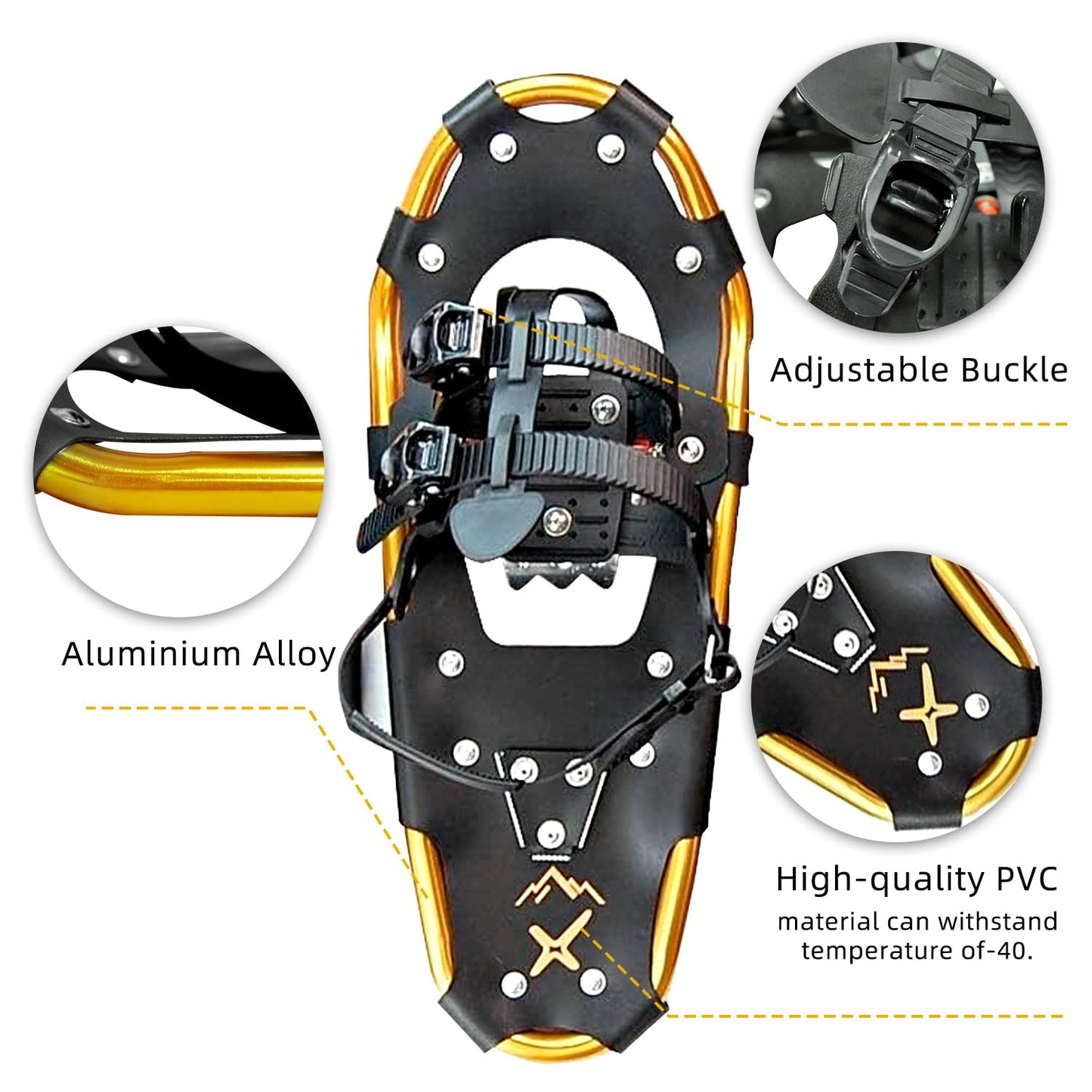 Xtrempro Snowshoes Snow Terrain Lightweight Ergonomic Design Lightweight Aluminum Alloy with 13 Point Crampons 120/160/210/300 lbs. Capacity- 21"/25"/30”/36" (Gold, 21)