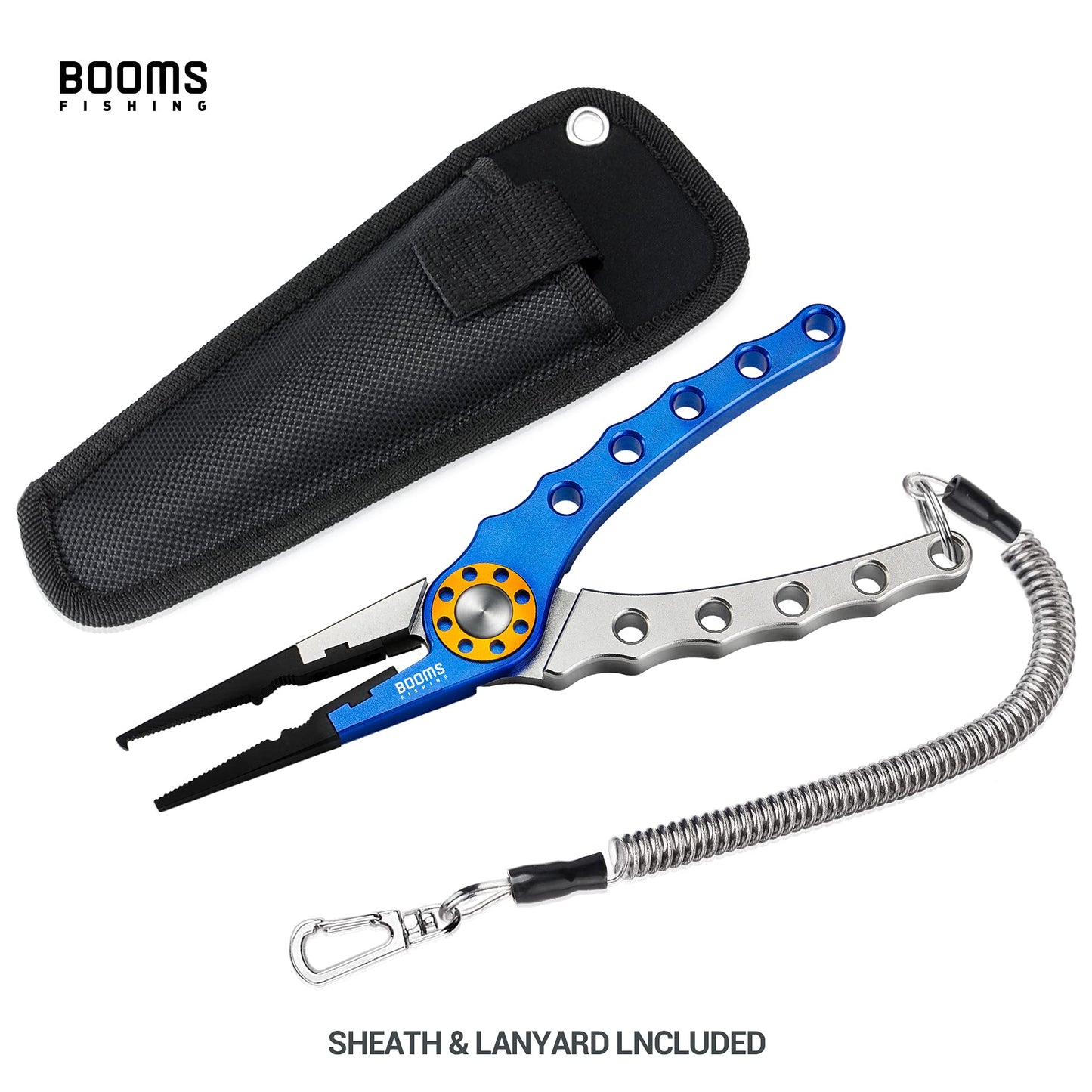 Booms Fishing X1 Aluminum Fishing Pliers Saltwater, Surf Fishing Tackle Kit, Fishing Multitool Hook Remover Braided Fishing Line Cutting and Split Ring with Coiled Lanyard and Sheath
