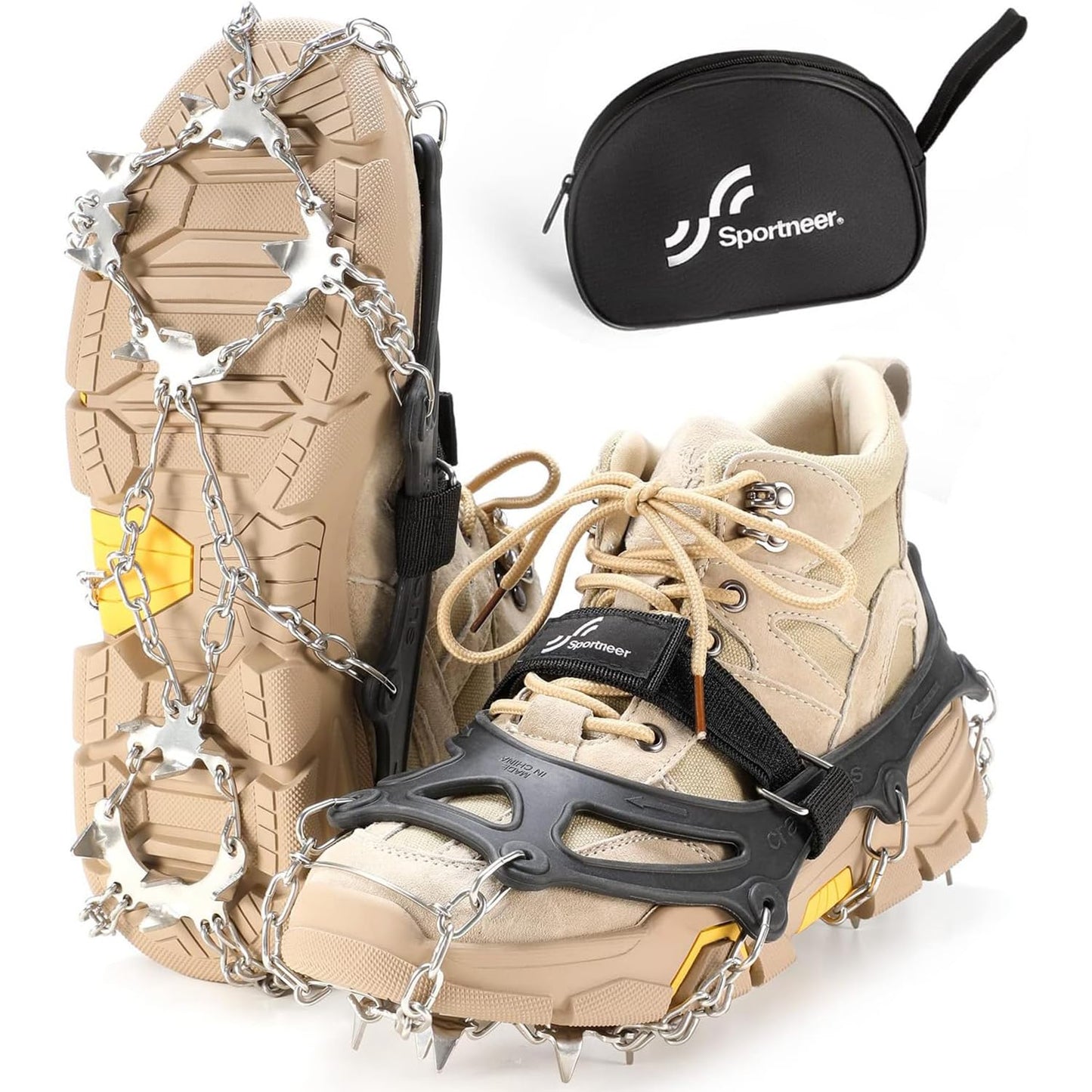 Sportneer Crampons, Traction Cleats Ice Snow Grips with 19 Stainless Steel Spikes, Ice Cleats Traction Snow Grips for Boots Shoes, Crampons Ice Cleats for Women Men Hiking Jogging Climbing And Fishing