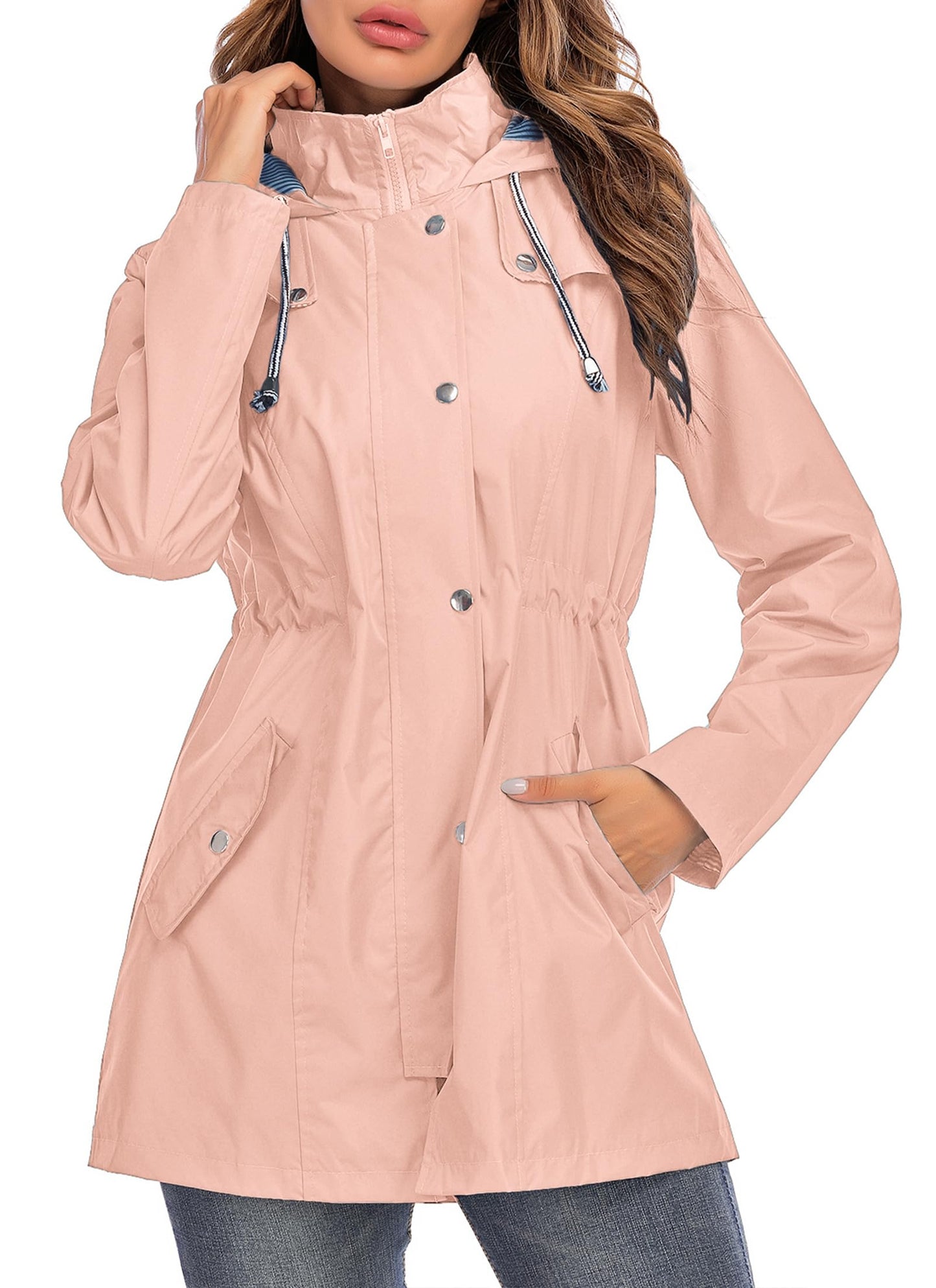 Rain Jacket Women Striped Lined Hooded Lightweight Raincoat Outdoor Waterproof Windbreaker