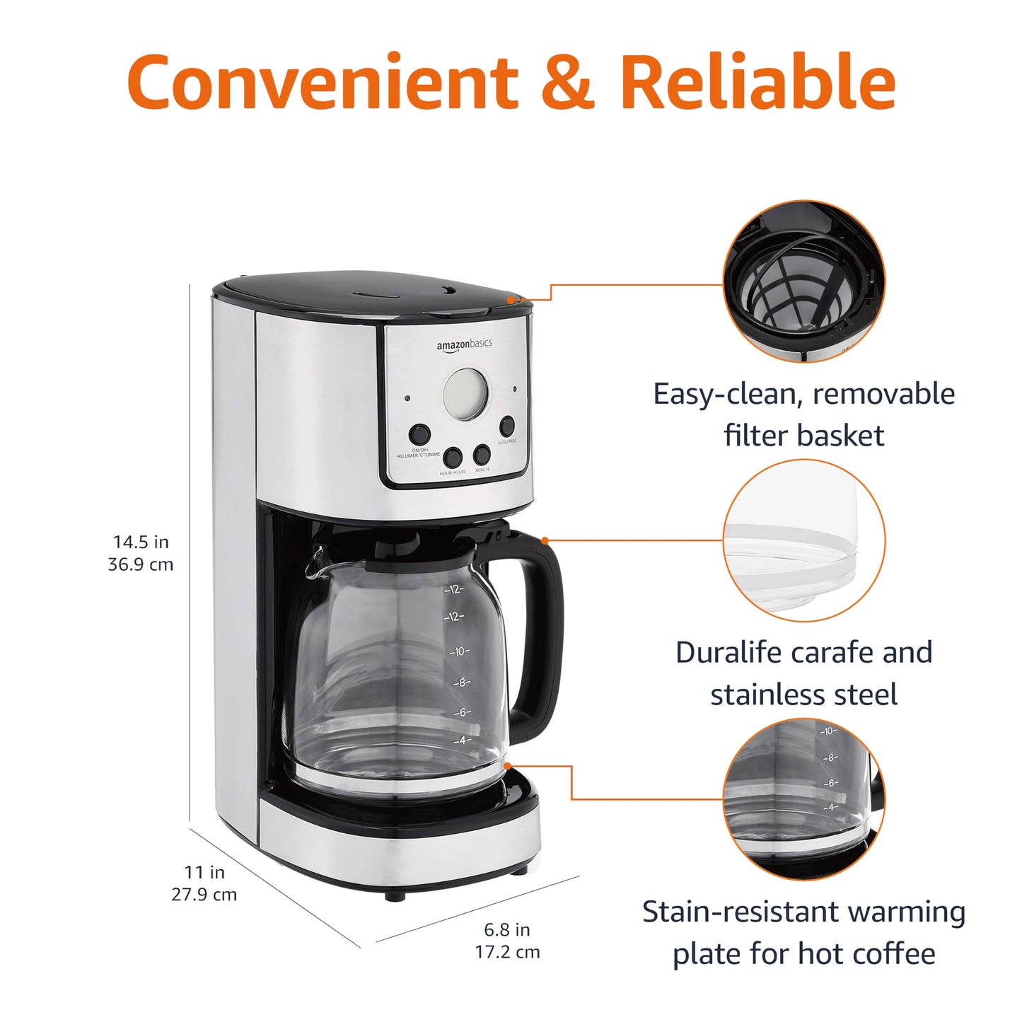 Amazon Basics Programmable Coffeemaker with Carafe and Reusable Filter, Stainless Steel, 12 Cups, Black
