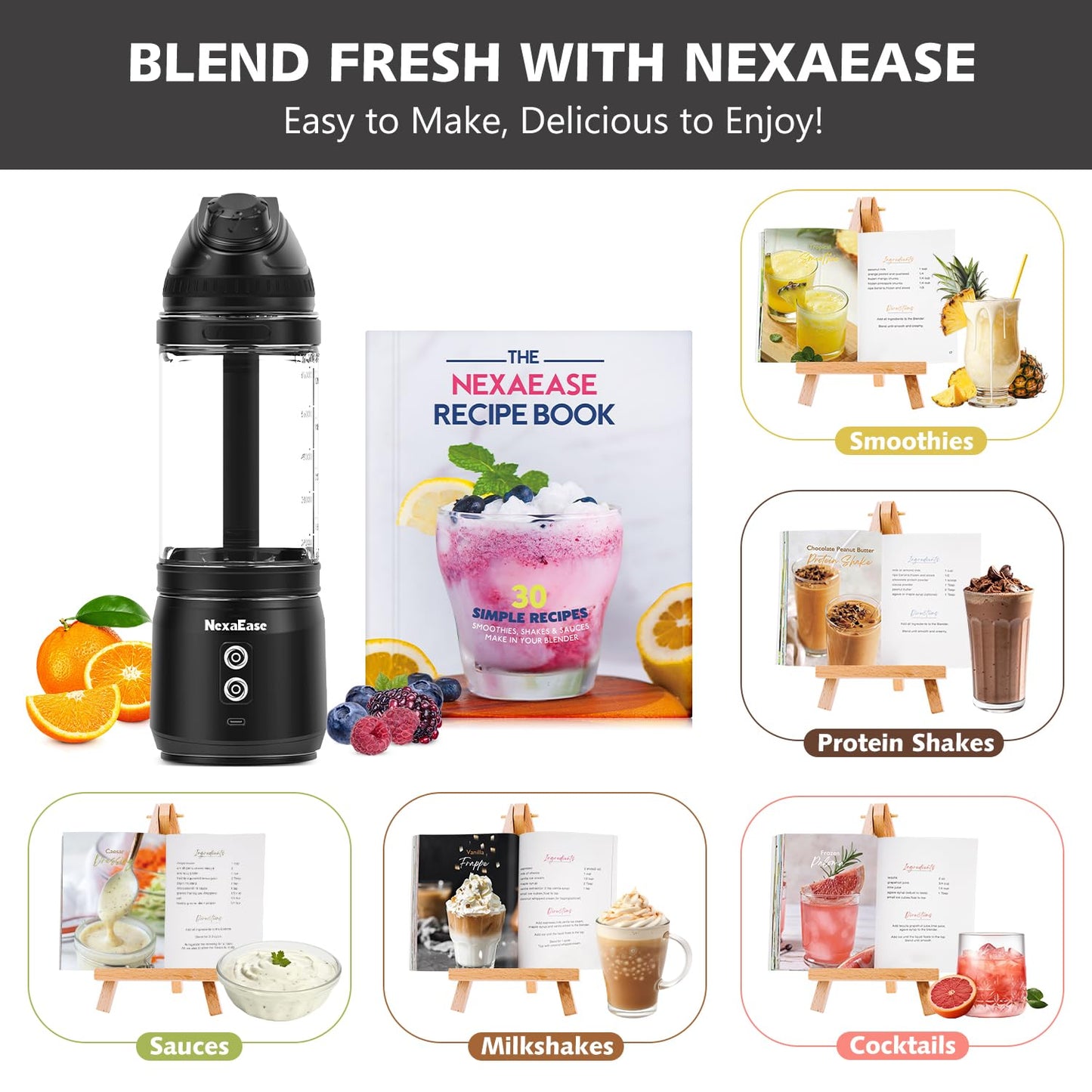 Portable Blender with Insulated Carrying Case & Recipe Book for Shakes and Smoothies, 24 OZ Personal Juicer Electric Protein Shaker Bottle, Mini Small Blender Cup with USB-C Rechargeable, Travel Lid