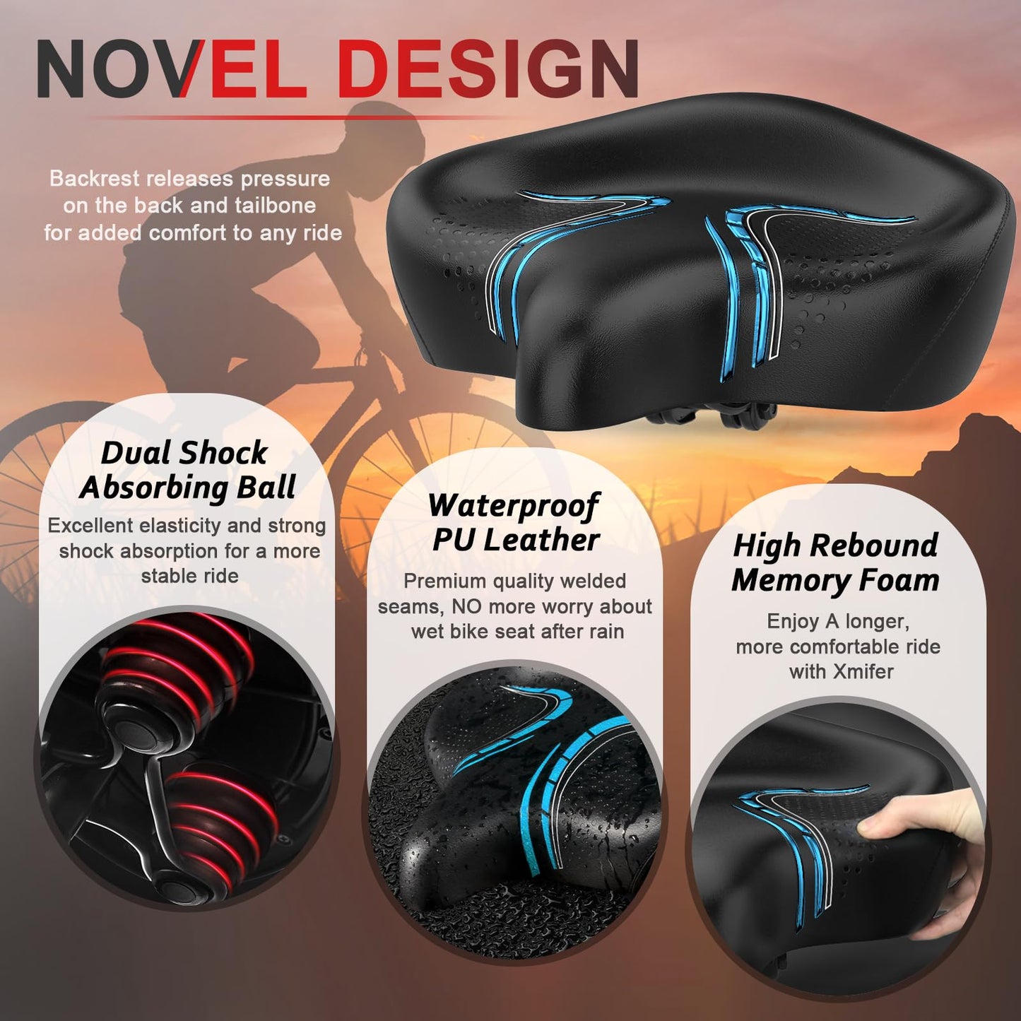 BLUEWIND Oversized Bike Seat, Wide Bicycle Saddle Novel Backrest Design for Electric Bike, Universal Fit Exercise Bike or Road Stationary Bike Seat Cushion for Men & Women