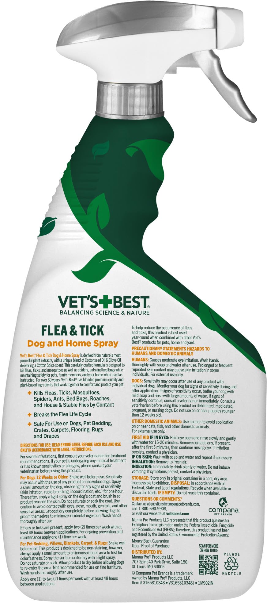 Vet's Best Flea and Tick Home Spray - Dog Flea and Tick Treatment for Home - Plant-Based Formula - Certified Natural Oils,Green - 32 oz