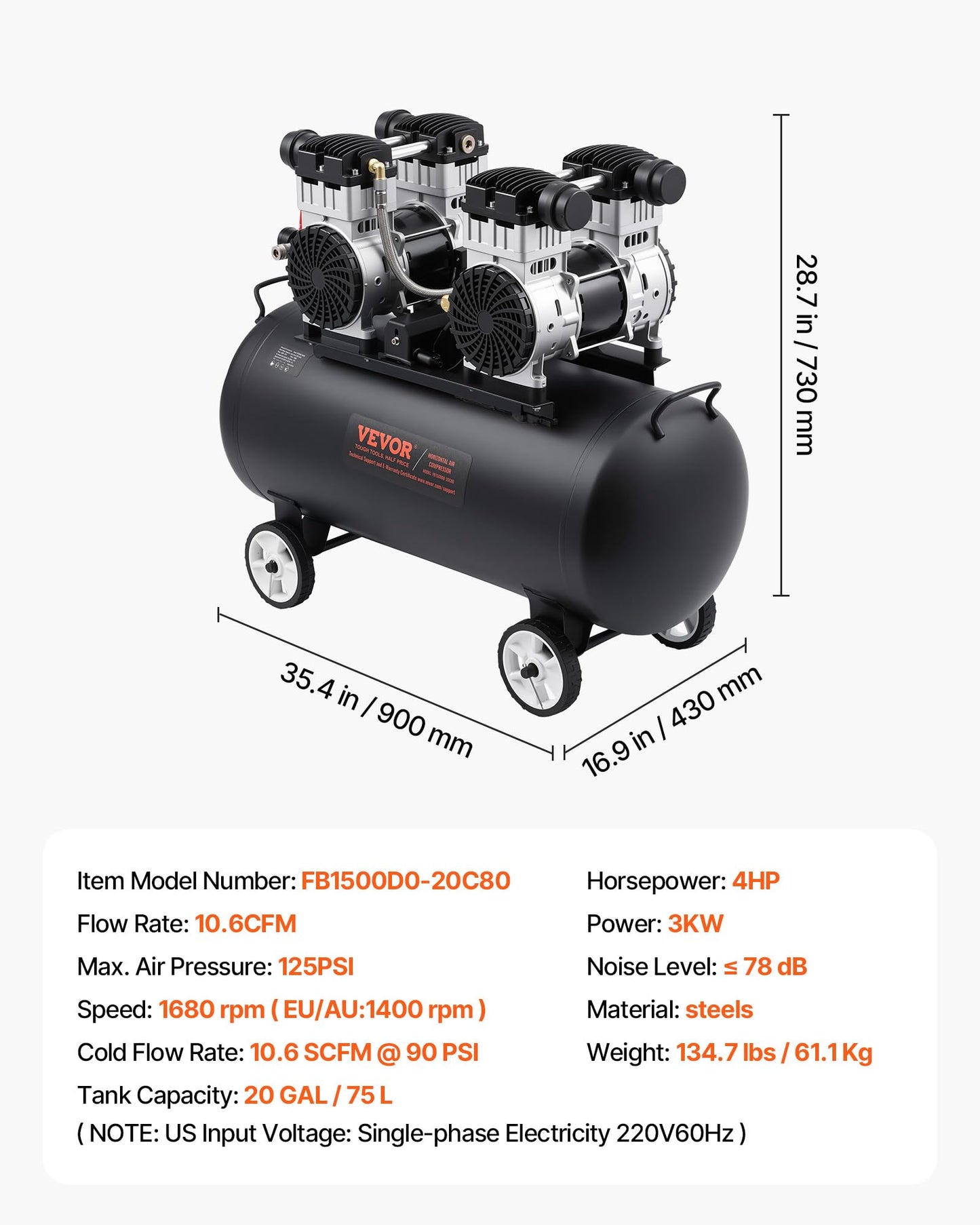 VEVOR 6.3 Gallon Air Compressor, 2 HP 3.35 CFM@90PSI Air Compressors with Max. 116PSI Pressure, Oil Free Compressor Tank for Auto Repair, Tire Inflation, Spray Painting, Woodwork Nailing