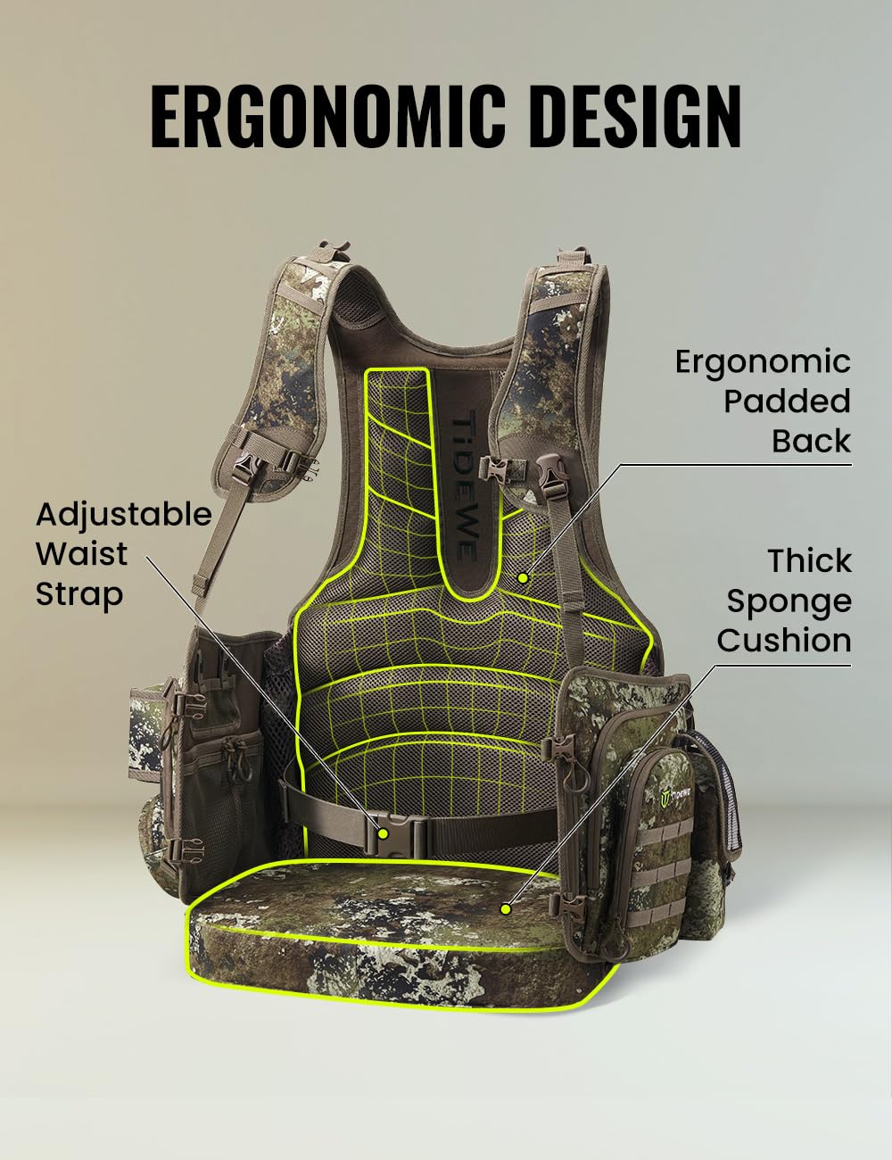 TIDEWE Turkey Vest with Seat, Hunting Vest with Game Pouch and Kickstand, Strut Camo Turkey Hunting Clothes for Men Women