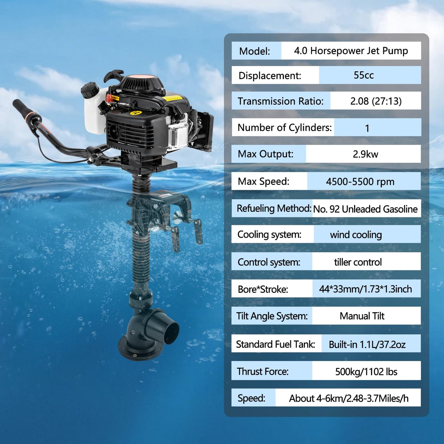4 Stroke 4HP Outboard Motor, 4 Stroke 55CC Jet Pump Boat Engine w/Wind Cooling CDI System for Rubber Boats, Wooden Boats, Fishing Boats, etc, 5500 rpm