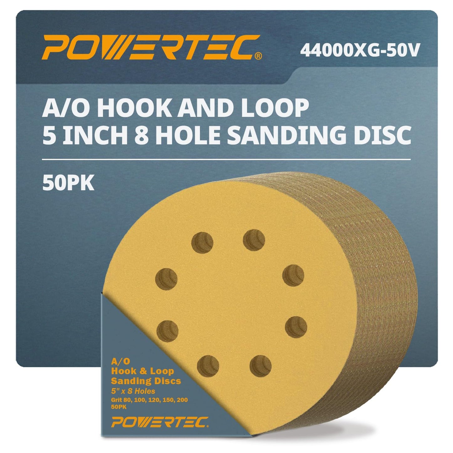 POWERTEC 50 PCS 220 Grit - 5 Inch 8 Hole Hook and Loop Sanding Discs, 5" Sanding Pads for Automotive, Drywall, Woodworking with Orbital Sander, Air, and DA Sander (44022G-50)