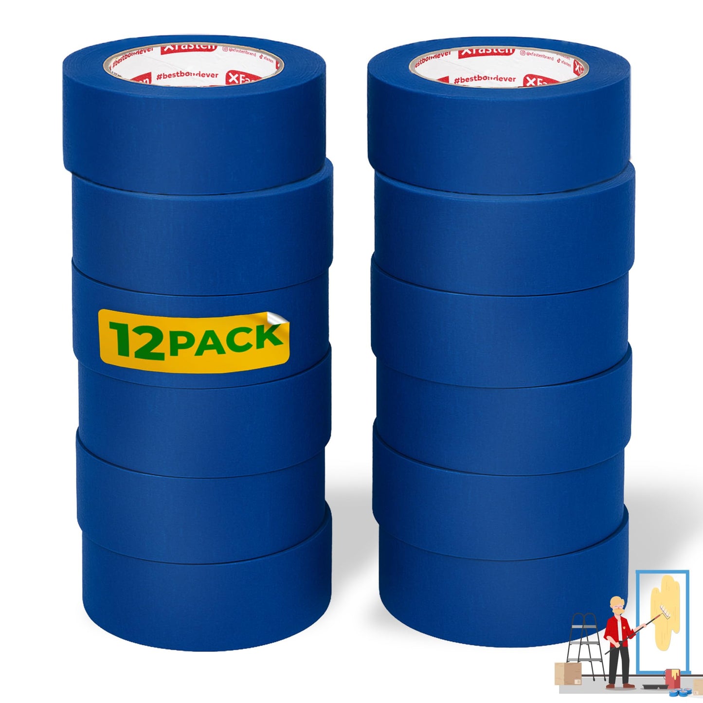 XFasten Blue Painters Tape Bulk 3-Inch x 60-Yards (12-Pack, 2160ft Total) Wall Safe Painters Tape 3 Inch Wide, Blue Masking Tape Bulk, Paint Tape for Walls, Painting, Automotive