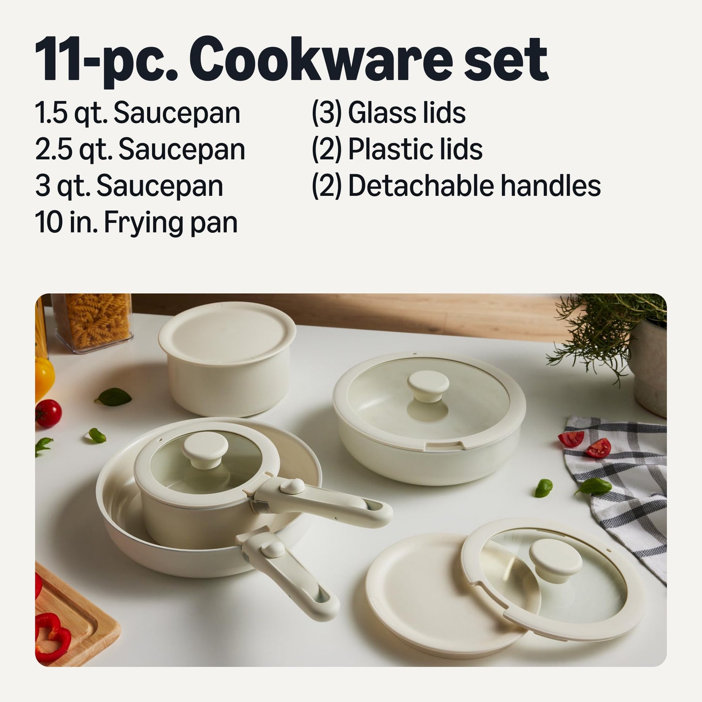 Amazon Basics Ceramic Nonstick Pots and Pans Set with Detachable handle, 11-Piece Stackable set, All Cooktop Friendly, Includes Saucepan, Frying pan, Linen Gray.