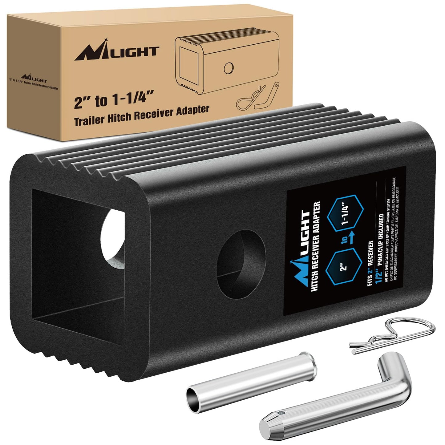 Nilight Trailer Hitch Receiver Extender Adapter Reducer 1-1/4 to 2Inch Hitch Adapter 6-1/2 inch Extension Sleeve Convertor 350Lbs with 1/2-Inch Diameter Pin and Clip with 5/8-Inch Adapter