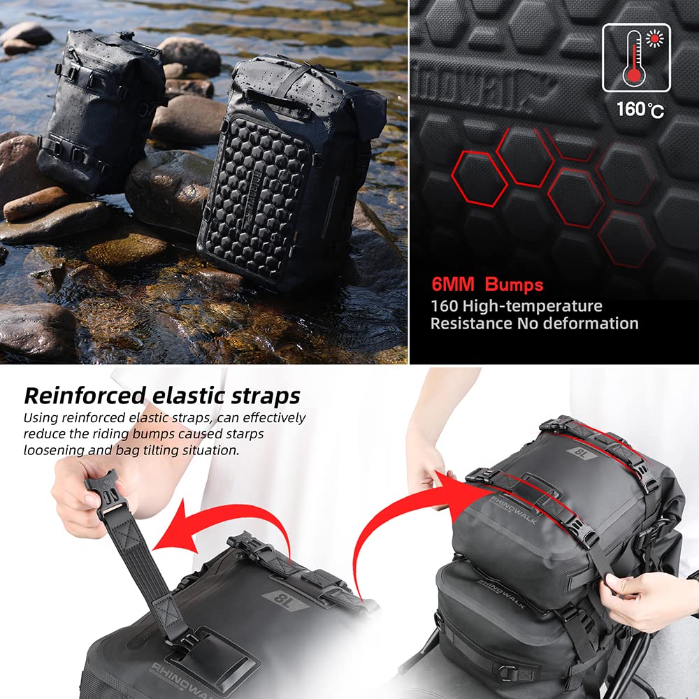 Rhinowalk Motorcycle Tail Bag Motorbike Side Bag 8L Full Waterproof Motor Saddle Pannier Bag Rear Rack Trunk Professional Motor Accessories-Black