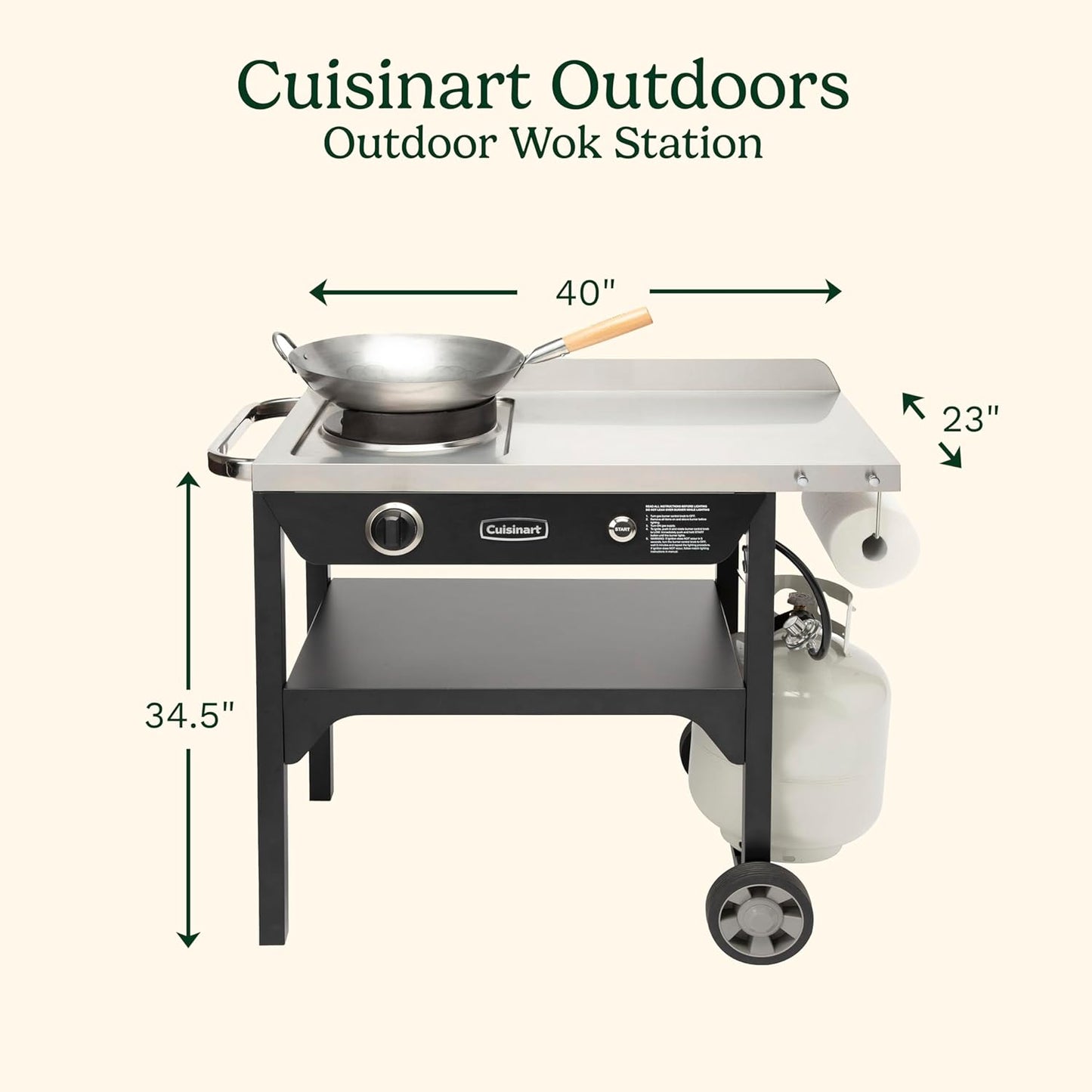 Cuisinart Outdoor Wok Station, 50,000 BTU Propane Outdoor Wok Burner with Prep Table, 14" Carbon Steel Fry Pan, Stainless Steel Side Table, Storage, Outdoor Cooking Station for Stir Fry, Searing, BBQ