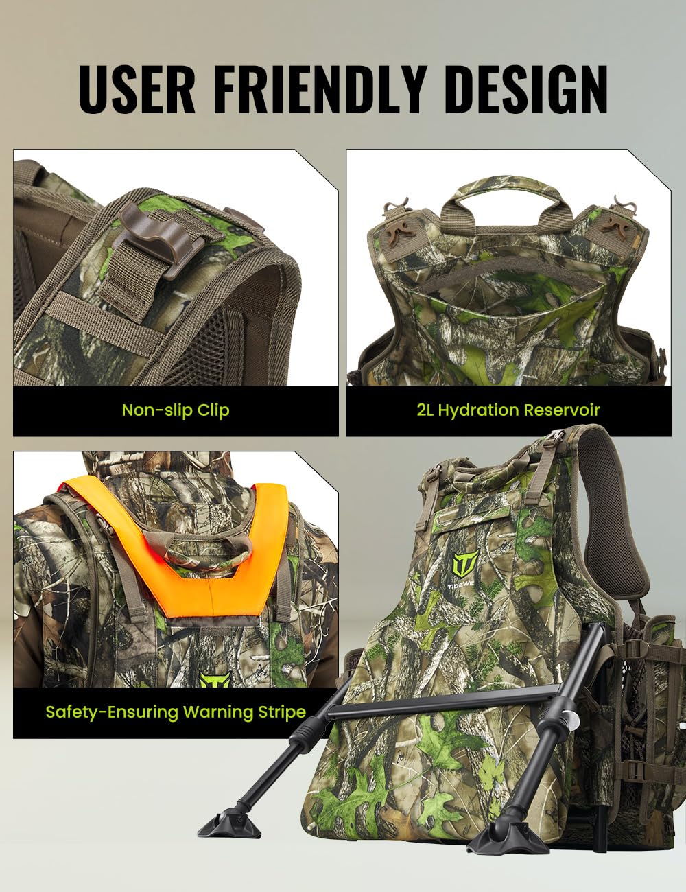 TIDEWE Turkey Vest with Seat, Hunting Vest with Game Pouch and Kickstand, Strut Camo Turkey Hunting Clothes for Men Women