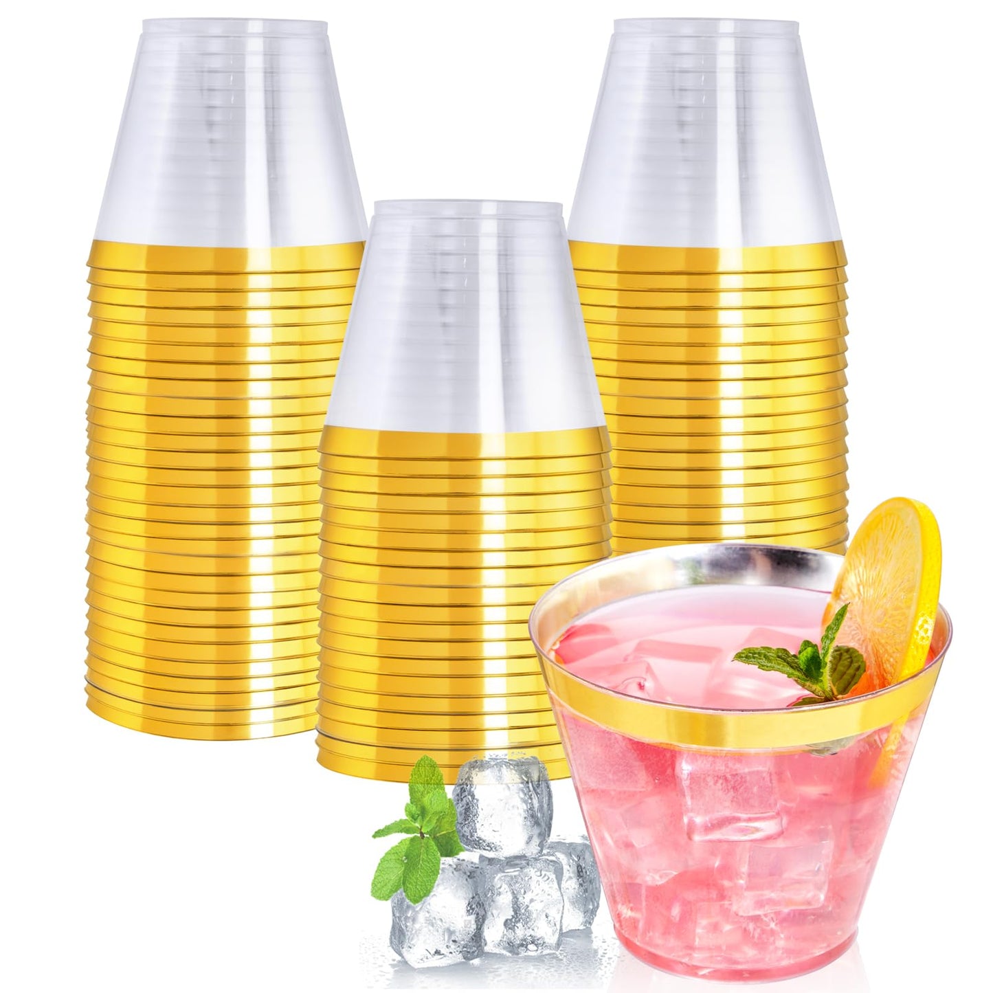 I00000 200 Pack Gold Plastic Cups, 9 Oz Elegant Clear Plastic Cups Gold Rimmed Disposable Wine Glasses Fancy Disposable Party Cups Wedding Cups Drinking Tumblers Plastic Cocktail Glasses with Gold Rim