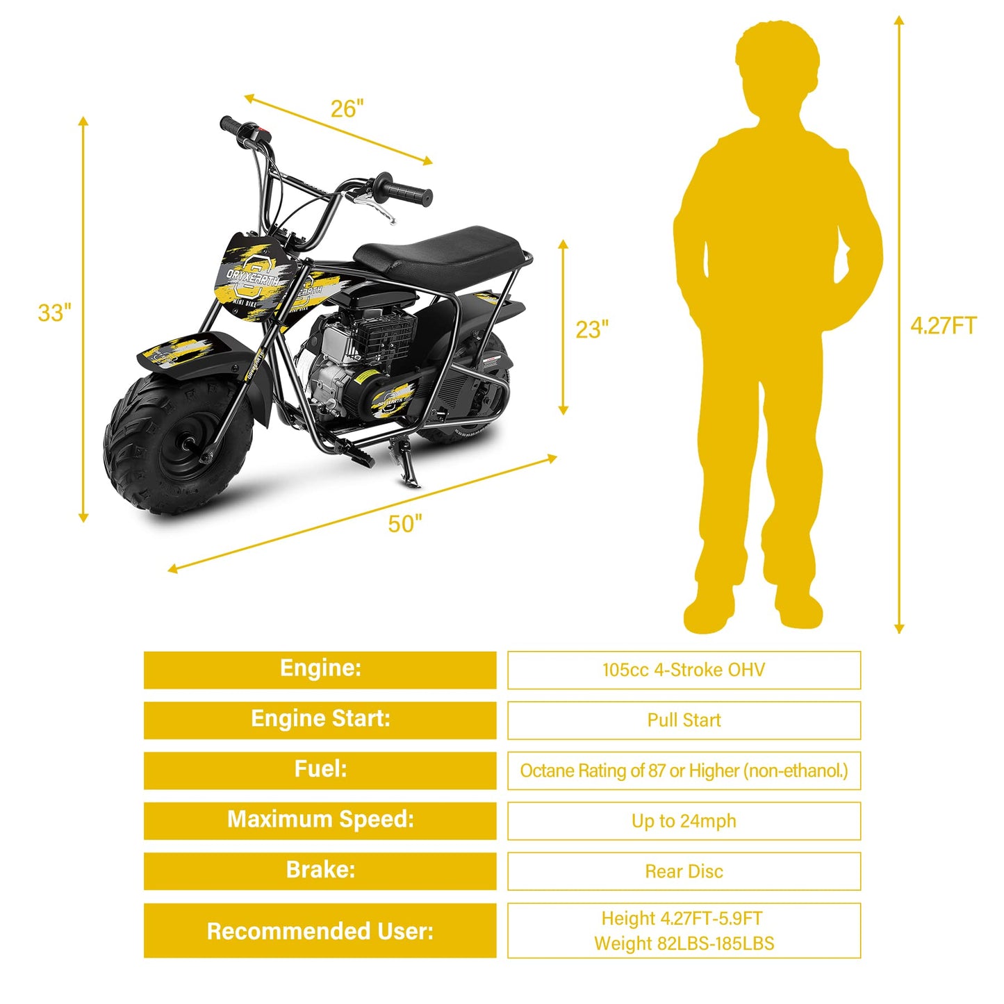 Oryxearth Mini Dirt Bike for Kids, 105CC 4-Stroke Kid Gas Powered Off-Road Pocket Pit Trail Motorcycle W/EPA Approved, Up to 24 Mph Weight Support 185 LBS