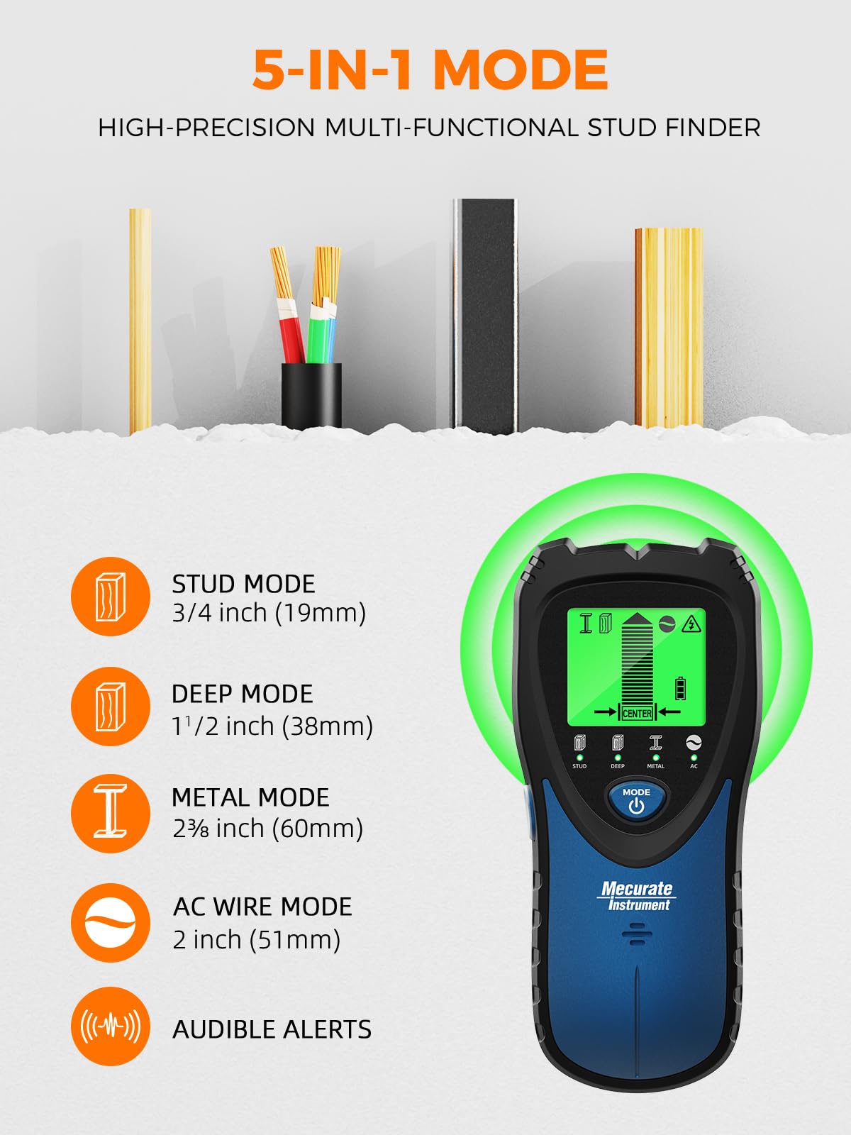 Mecurate Stud Finder Wall Scanner Sensor - 5 in 1 Electronic Stud with LCD Display & Audio Alarm for Wood AC Live Wire Metal Studs Detection Joist Pipe