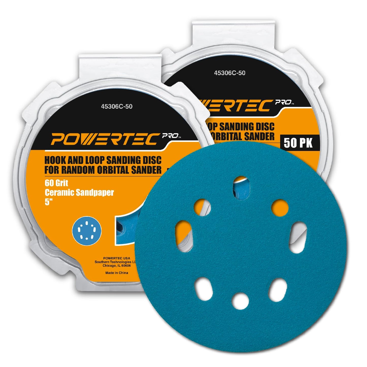 POWERTEC 50 PCS 220 Grit - 5 Inch 8 Hole Hook and Loop Sanding Discs, 5" Sanding Pads for Automotive, Drywall, Woodworking with Orbital Sander, Air, and DA Sander (44022G-50)