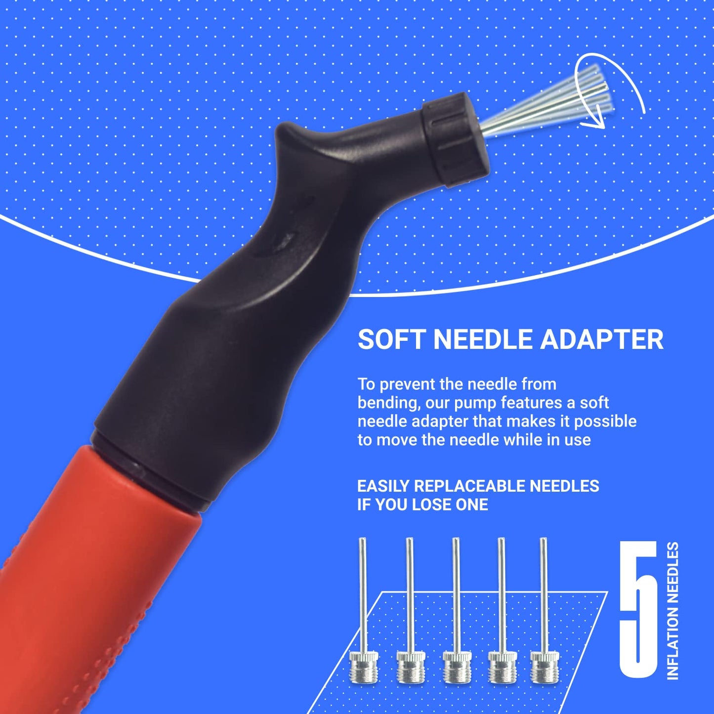 SPORTBIT Ball Pump for Sports Balls - Push & Pull Inflating System - Hand Pump for All Exercise Balls - Volleyball Pump, Basketball Inflator, Football & Soccer Ball Air Pump - Goes with 5 Needles Set