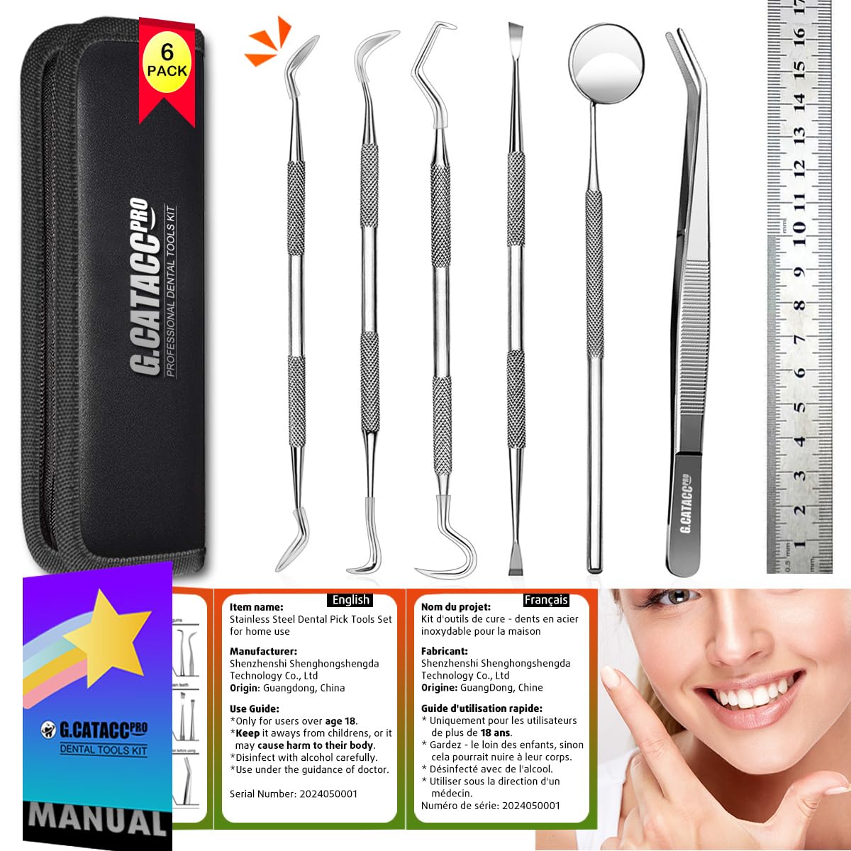 G.CATACC Dental Tools, Dental Pick Teeth Cleaning Tools Hygiene Kit, Plaque Remover for Teeth, Professional Stainless Steel Tooth Scraper Plaque Tartar Cleaner - with Case