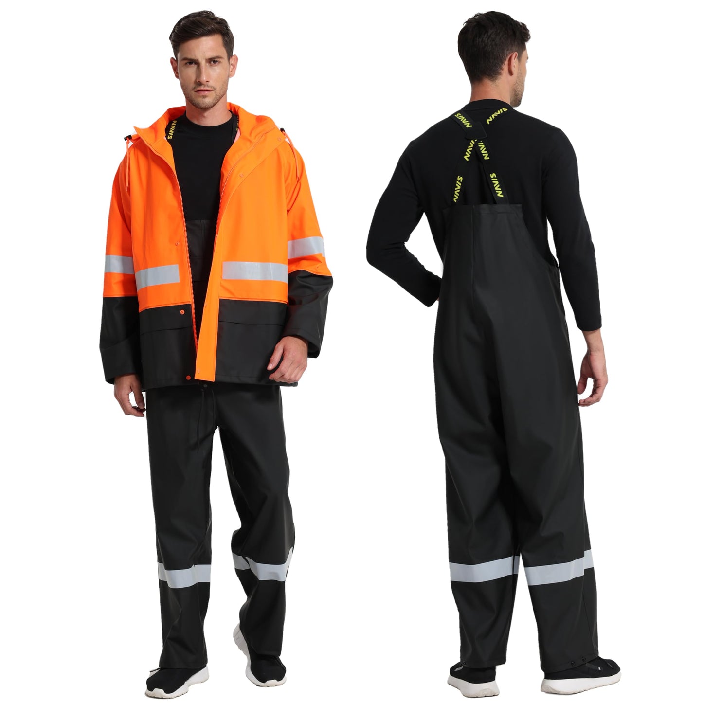 Men's Workwear PRO Rain Suit - Waterproof Jacket and Bib Pants 3-piece Set for Ultimate Safety and Comfort